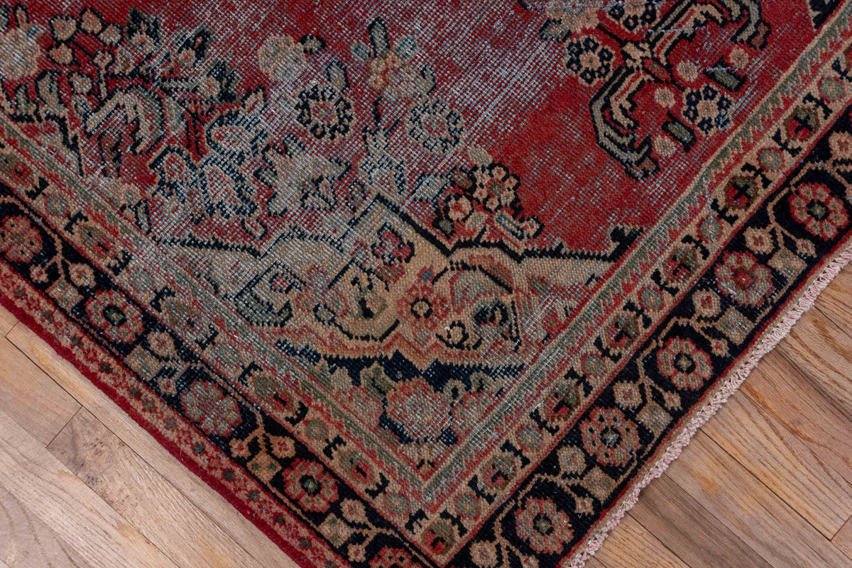 4' x 6' one-of-a-kind handmade vintage Mahal small size rug. Color palette: terracotta, navy, ivory, rose, slate, charcoal