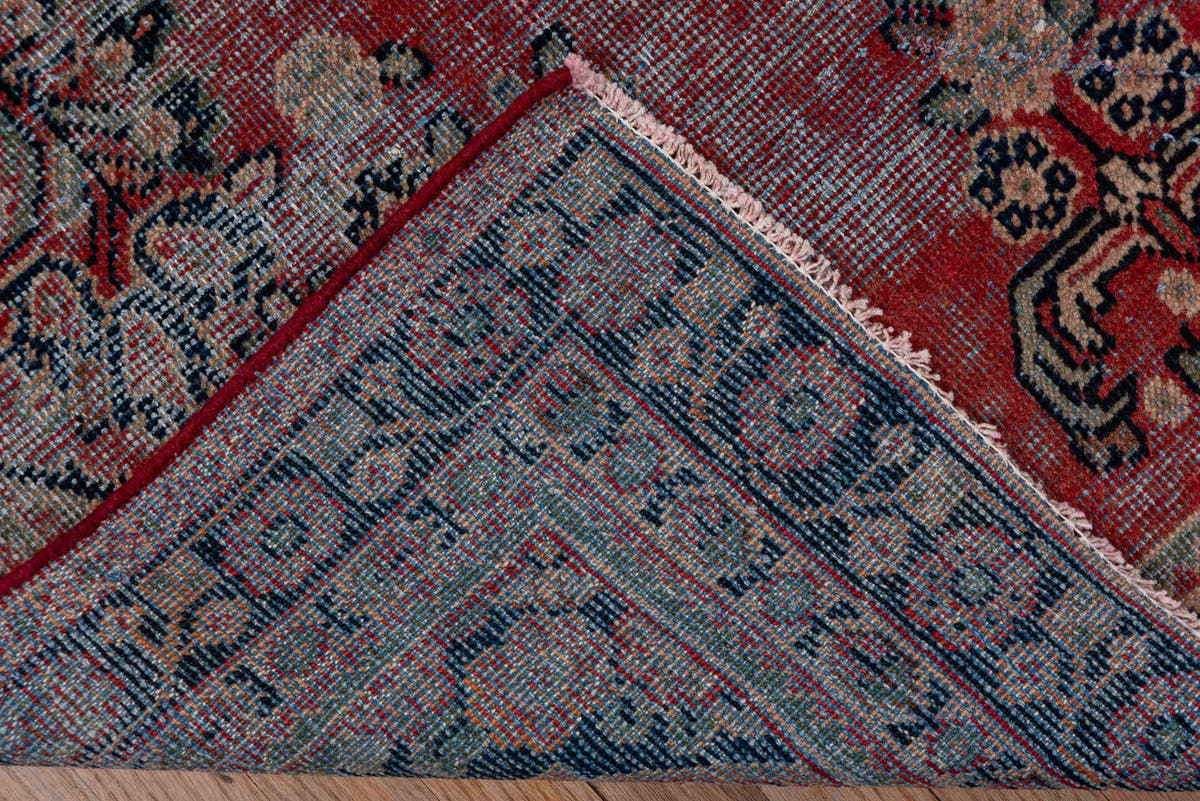 4' x 6' one-of-a-kind handmade vintage Mahal small size rug. Color palette: terracotta, navy, ivory, rose, slate, charcoal