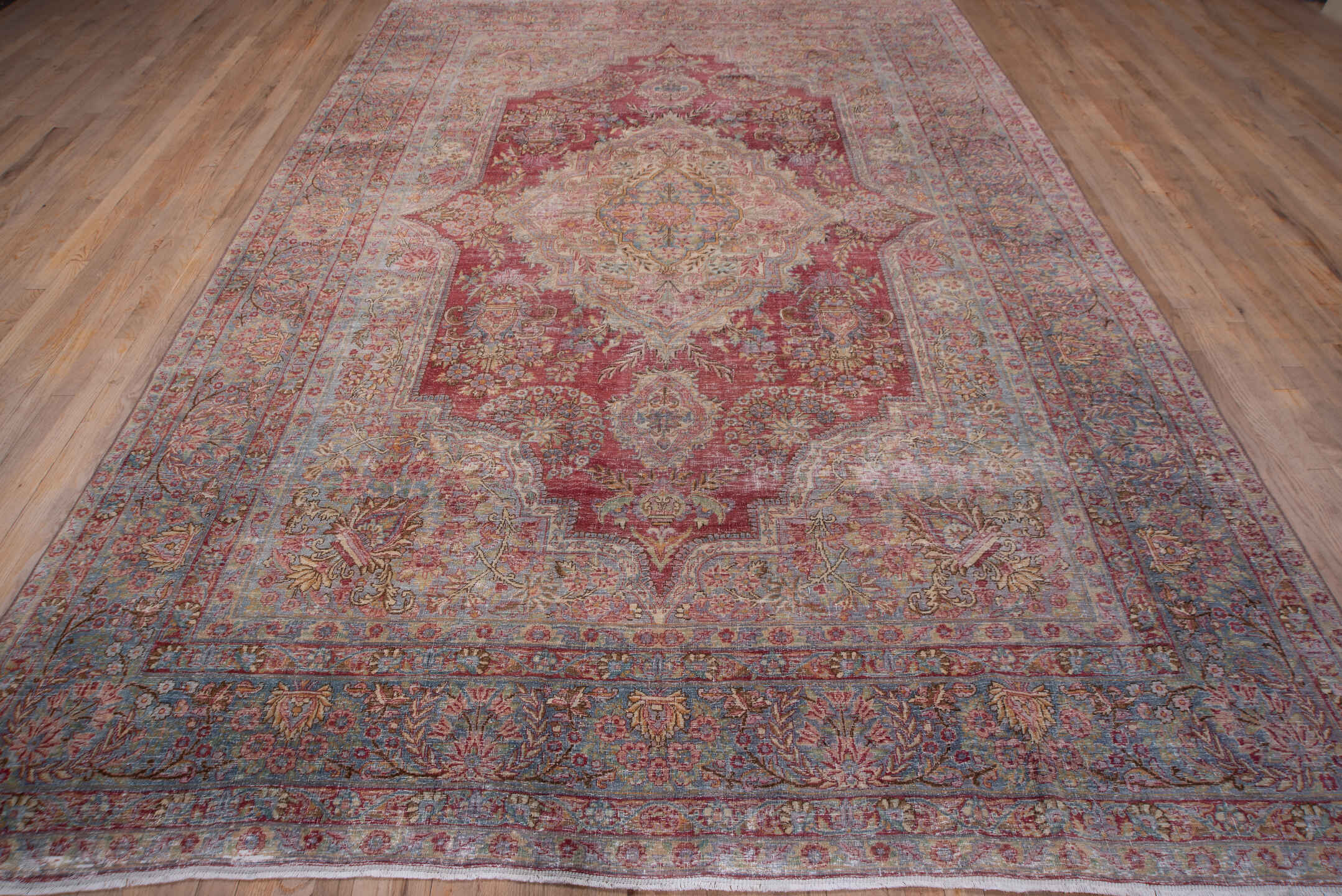 8' x 12' one-of-a-kind handmade vintage Kerman large size rug. Color palette: rose, powder blue, ivory, dusty pink, burgundy