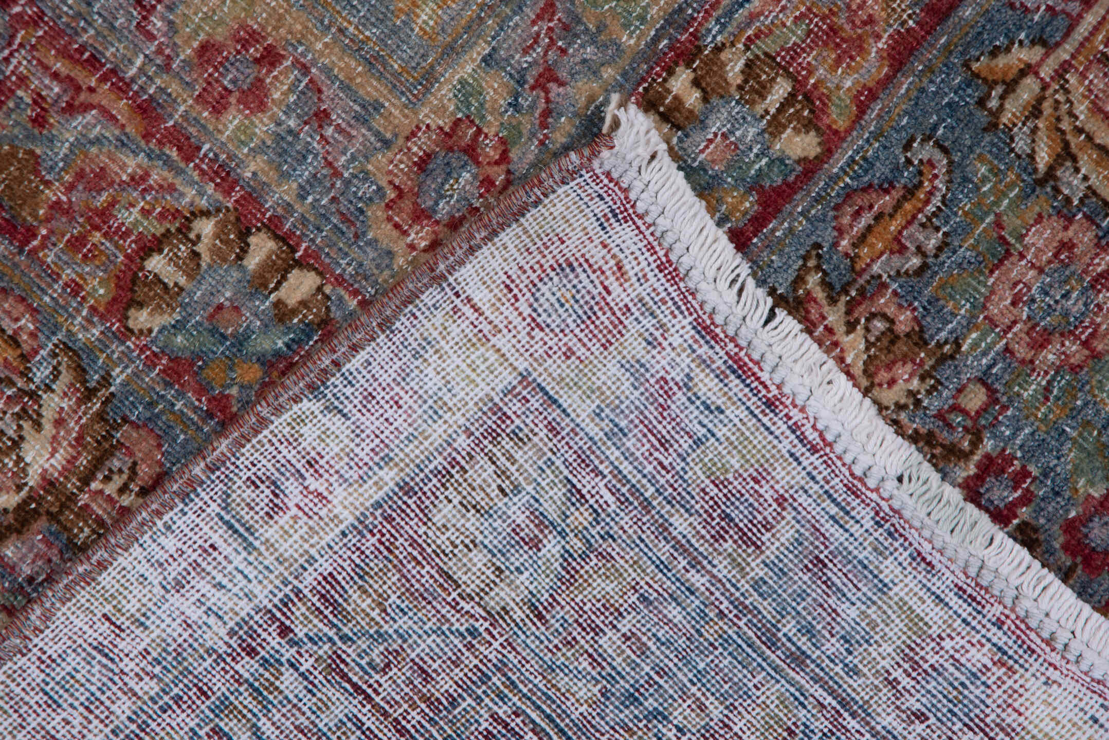 8' x 12' one-of-a-kind handmade vintage Kerman large size rug. Color palette: blue, brown, gray, light gray, pink, red