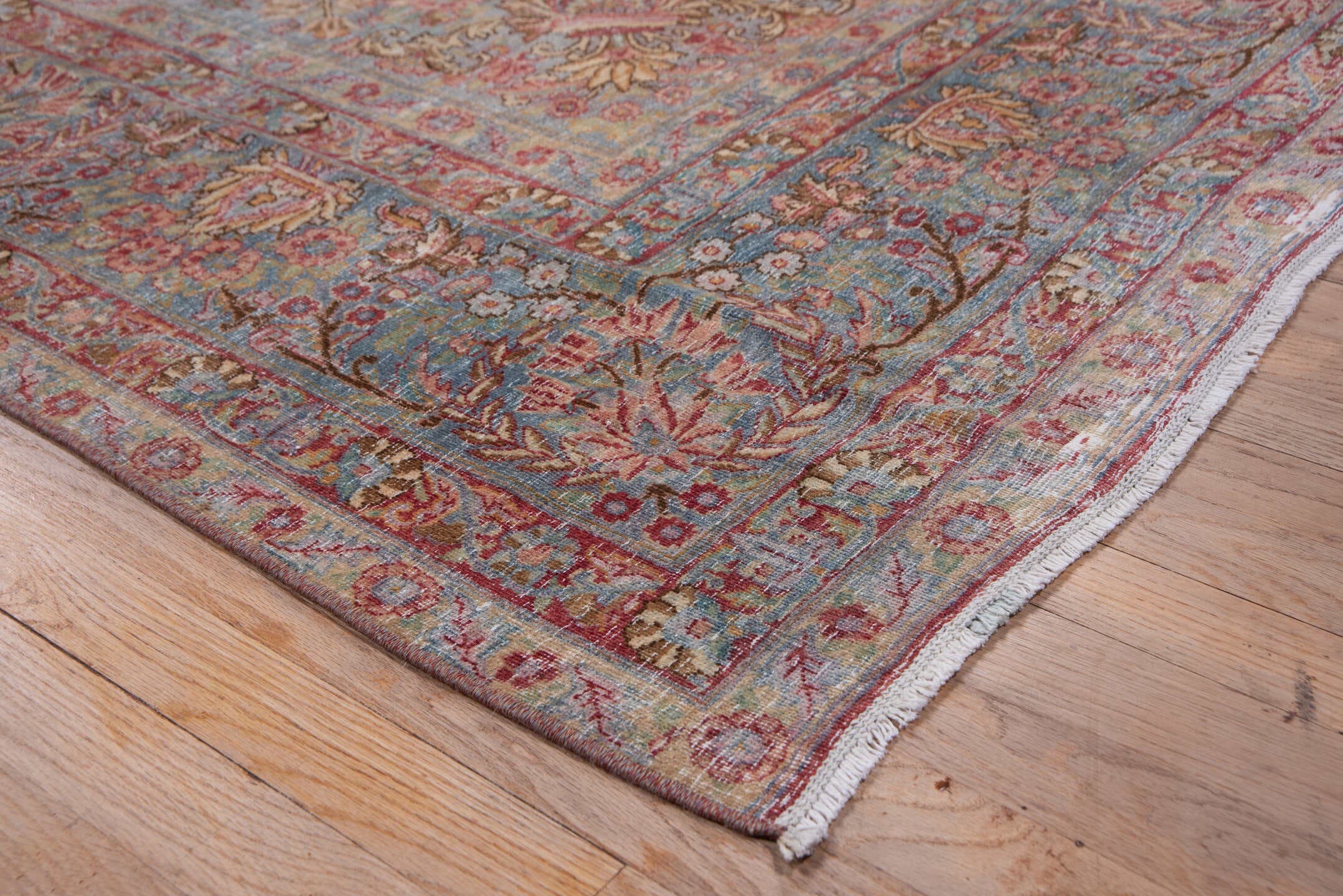 8' x 12' one-of-a-kind handmade vintage Kerman large size rug. Color palette: rose, powder blue, ivory, dusty pink, burgundy
