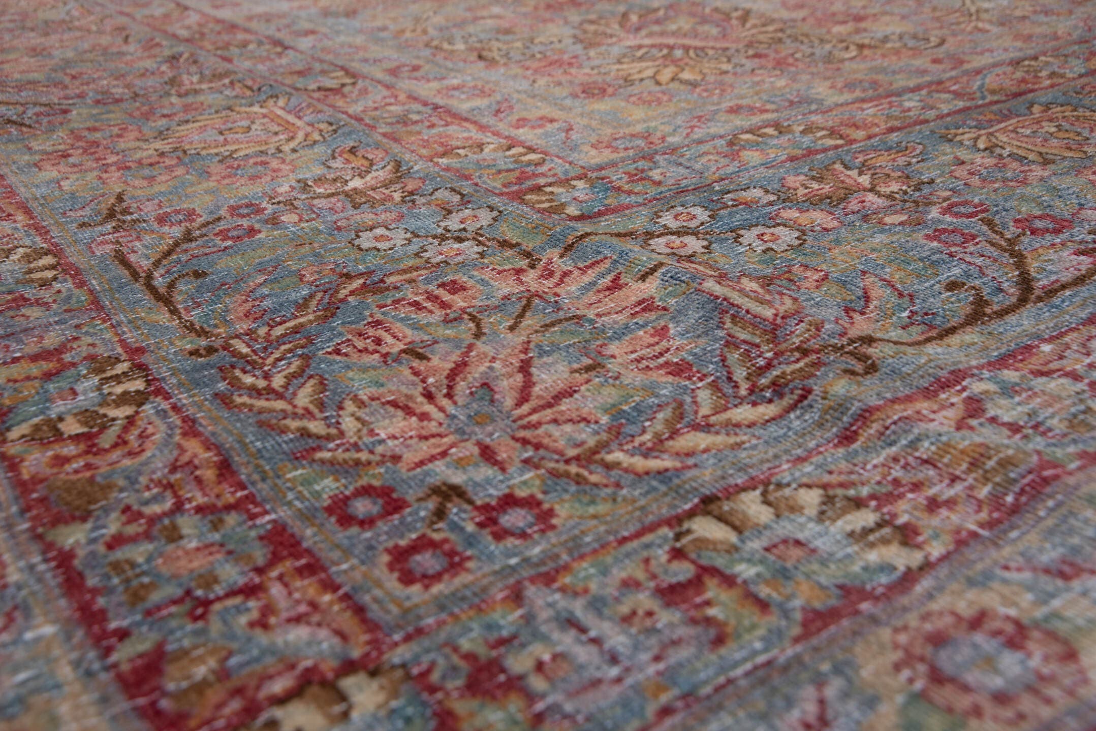 8' x 12' one-of-a-kind handmade vintage Kerman large size rug. Color palette: rose, powder blue, ivory, dusty pink, burgundy