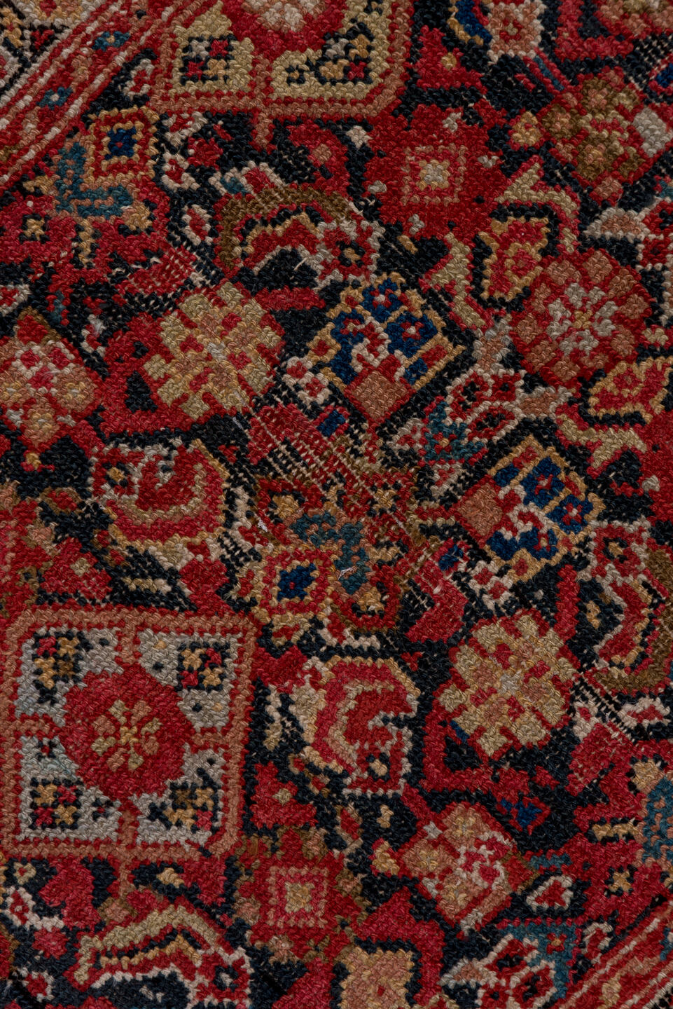 3' x 12' one-of-a-kind handmade vintage Malayer runner rug. Color palette: brown, gray, orange, pink, red