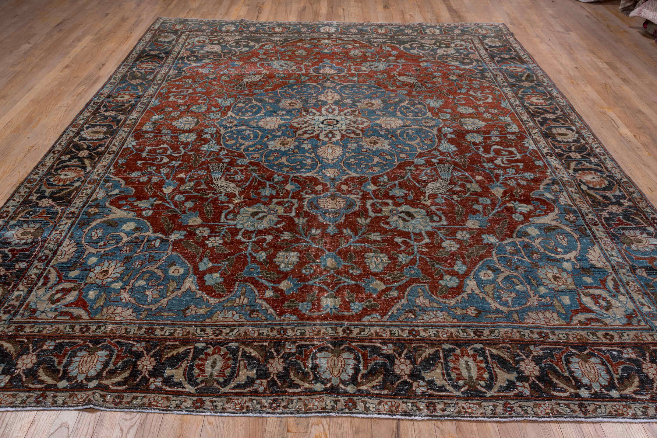 8' x 11' one-of-a-kind handmade antique Tabriz large size rug. Color palette: rust, blue, navy, ivory, beige, camel