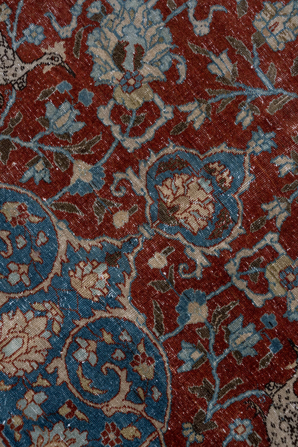 8' x 11' one-of-a-kind handmade antique Tabriz large size rug. Color palette: rust, blue, navy, ivory, beige, camel