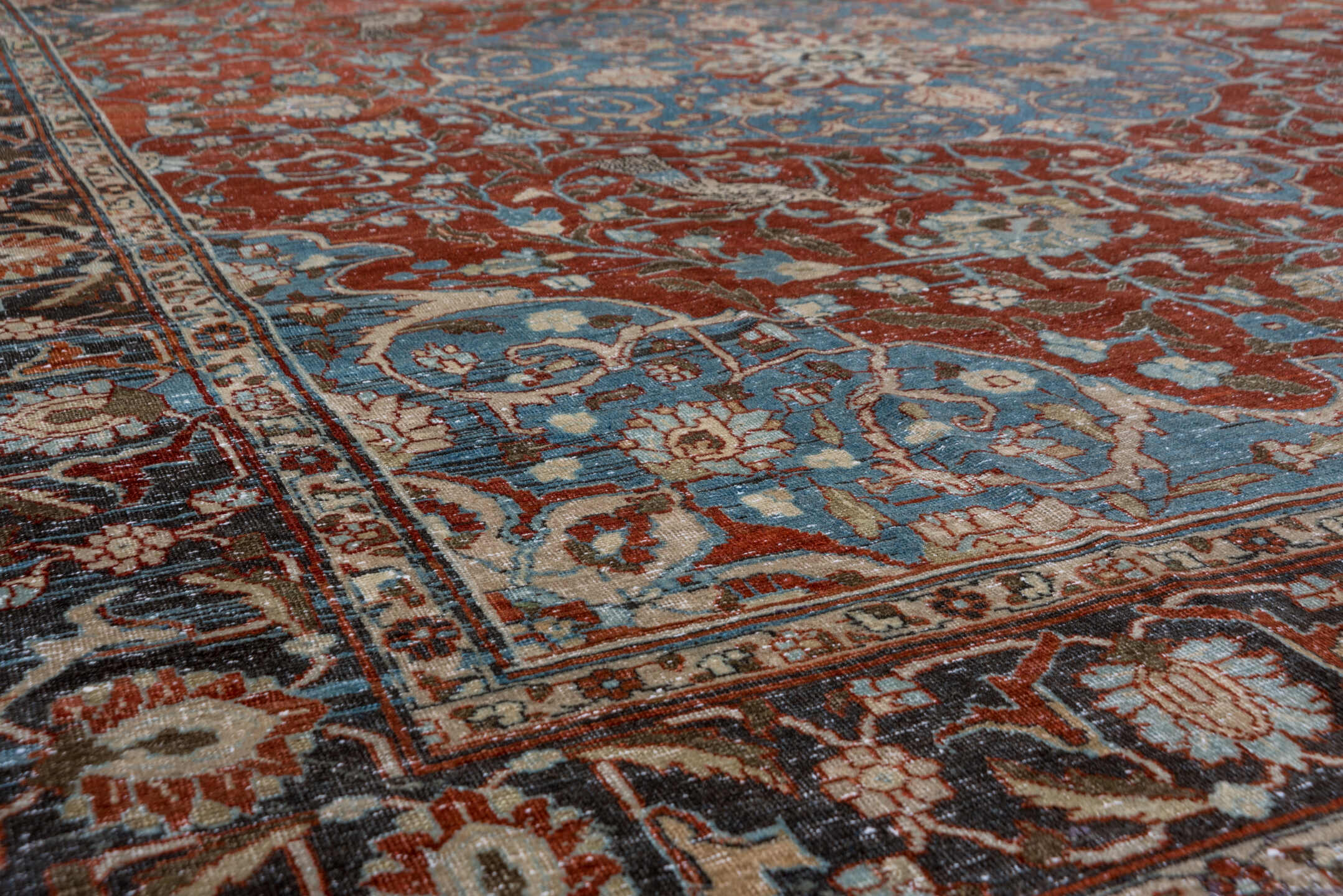 8' x 11' one-of-a-kind handmade antique Tabriz large size rug. Color palette: rust, blue, navy, ivory, beige, camel