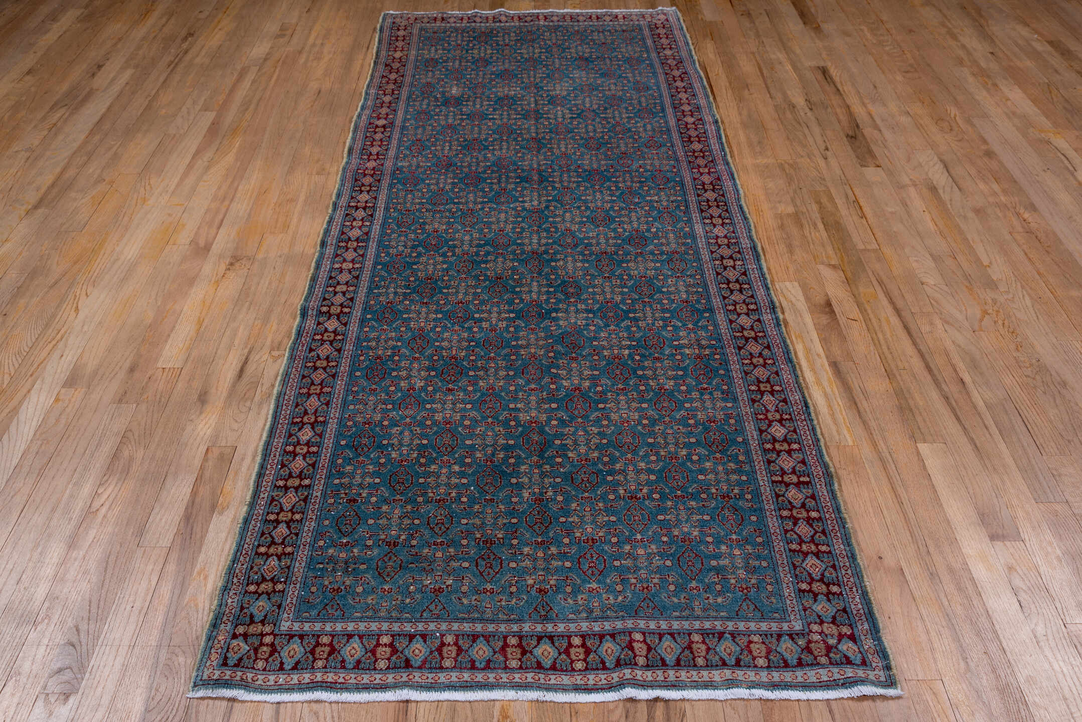 3' x 9' one-of-a-kind handmade antique Senne runner rug. Color palette: blue, burgundy, ivory, slate, rose, navy, gray, pink