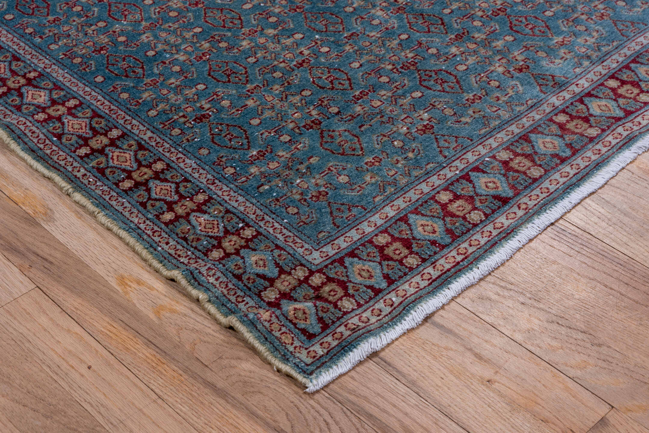 3' x 9' one-of-a-kind handmade antique Senne runner rug. Color palette: blue, burgundy, ivory, slate, rose, navy, gray, pink