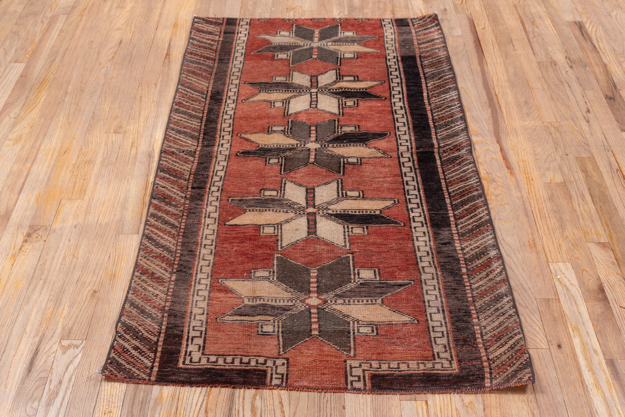 2' x 5' one-of-a-kind handmade antique Oushak small size rug. Color palette: rust, charcoal, ivory, taupe, brown, burgundy