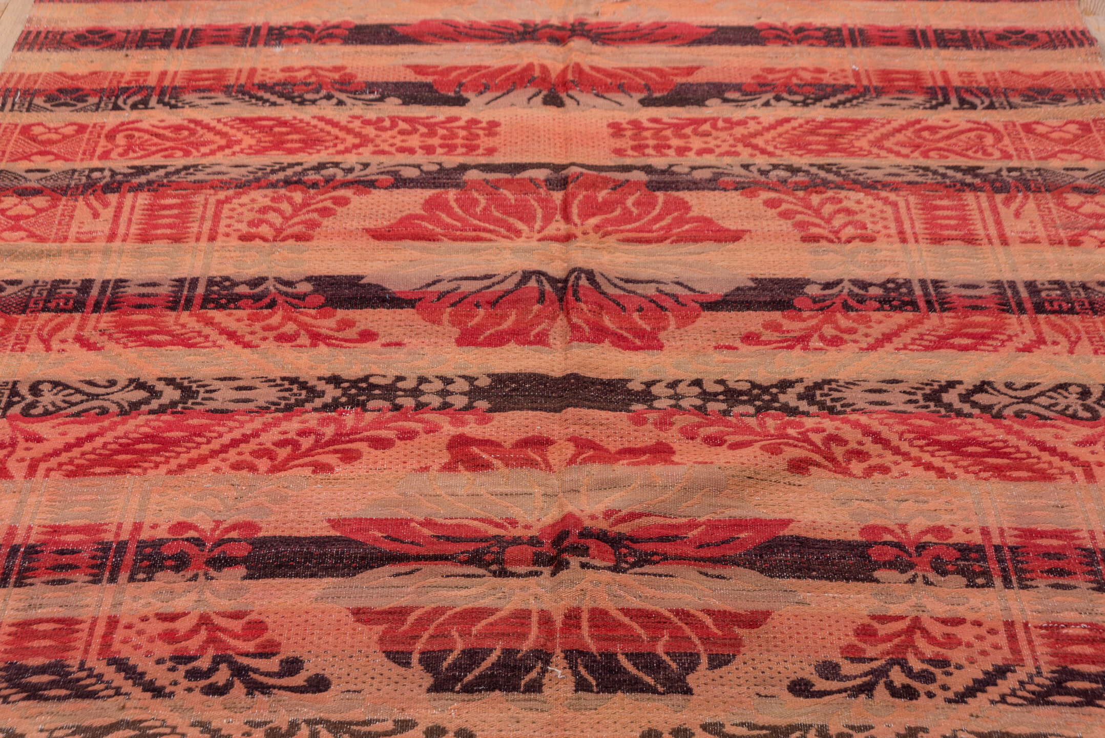 6' x 6' one-of-a-kind handmade antique Kilim rug. Color palette: blush, coral, rust, rose, brown, charcoal, terra cotta