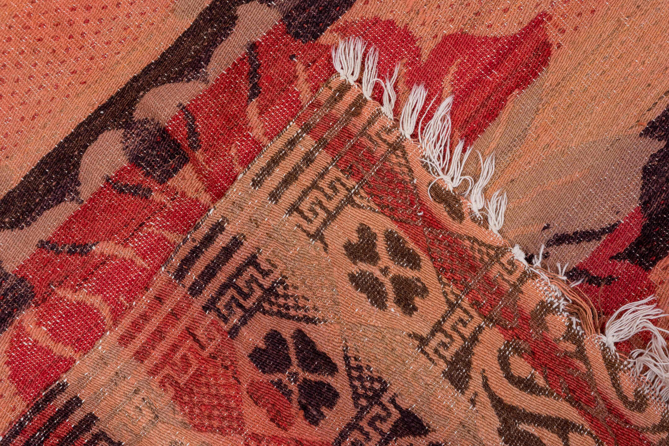 6' x 6' one-of-a-kind handmade antique Kilim rug. Color palette: blush, coral, rust, rose, brown, charcoal, terra cotta