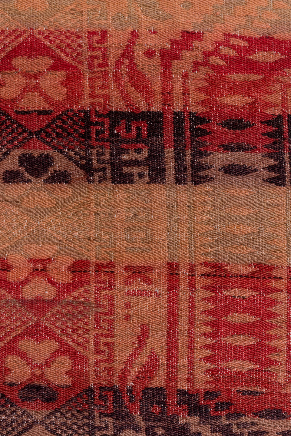 6' x 6' one-of-a-kind handmade antique Kilim rug. Color palette: blush, coral, rust, rose, brown, charcoal, terra cotta