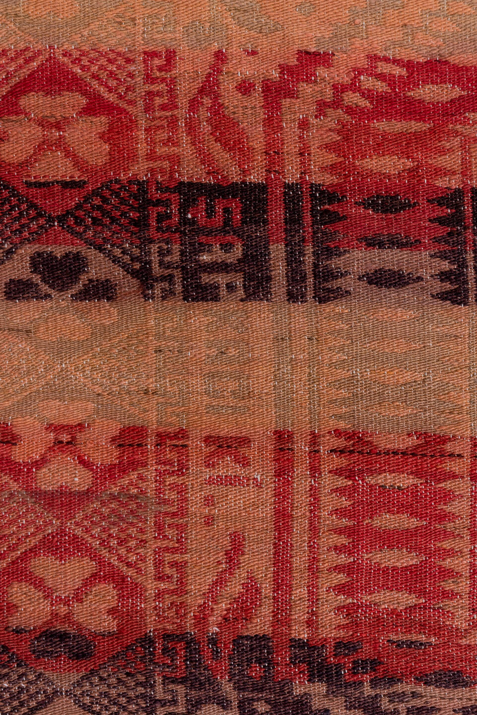 6' x 6' one-of-a-kind handmade antique Kilim rug. Color palette: blush, coral, rust, rose, brown, charcoal, terra cotta