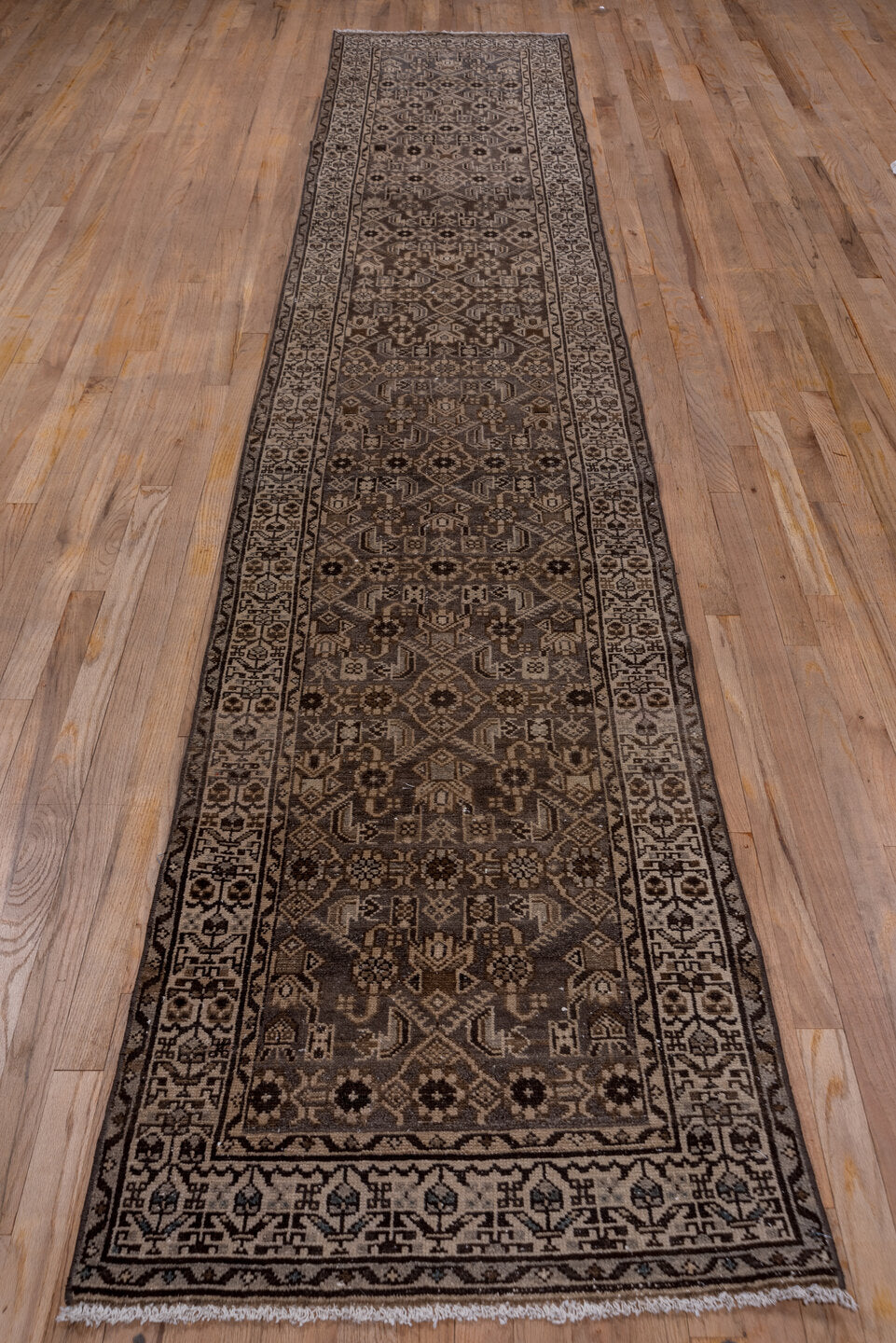 2' x 13' one-of-a-kind handmade vintage Malayer runner rug. Color palette: brown, gray, off-white, pink, snow, white