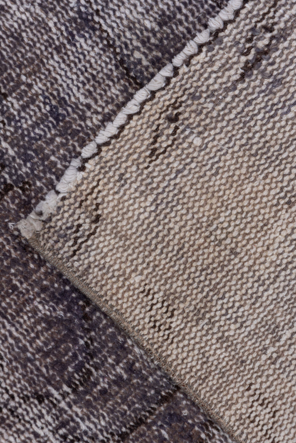 2' x 9' one-of-a-kind handmade vintage Overdyed runner rug. Color palette: taupe, charcoal, gray, ivory, beige, black