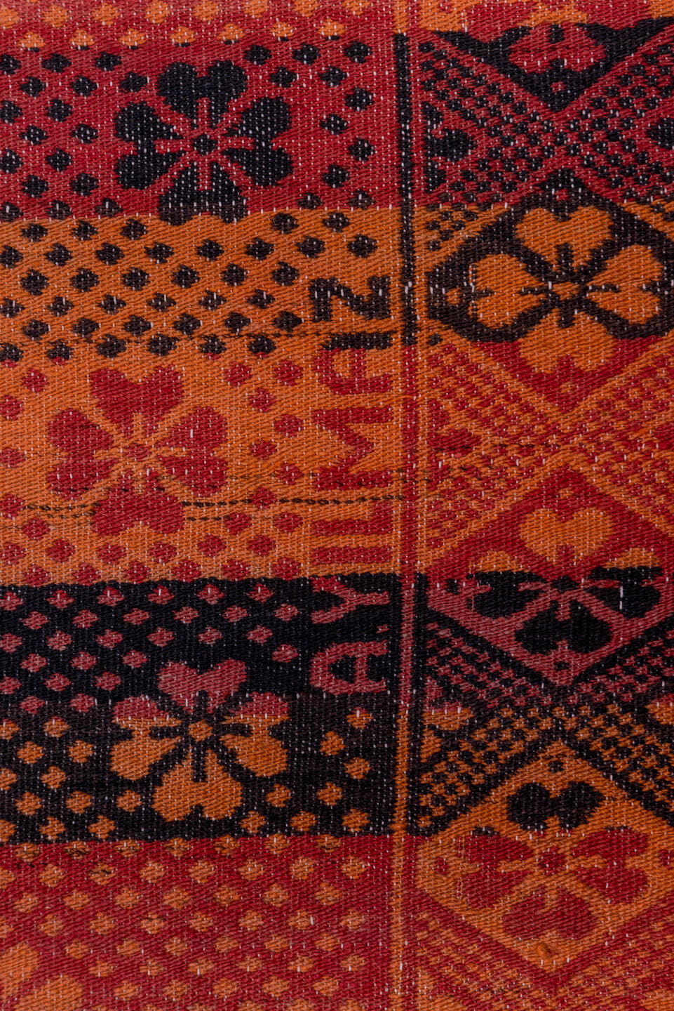 5' x 11' one-of-a-kind handmade antique Kilim rug. Color palette: terra cotta, rust, coral, mahogany, burgundy, rose