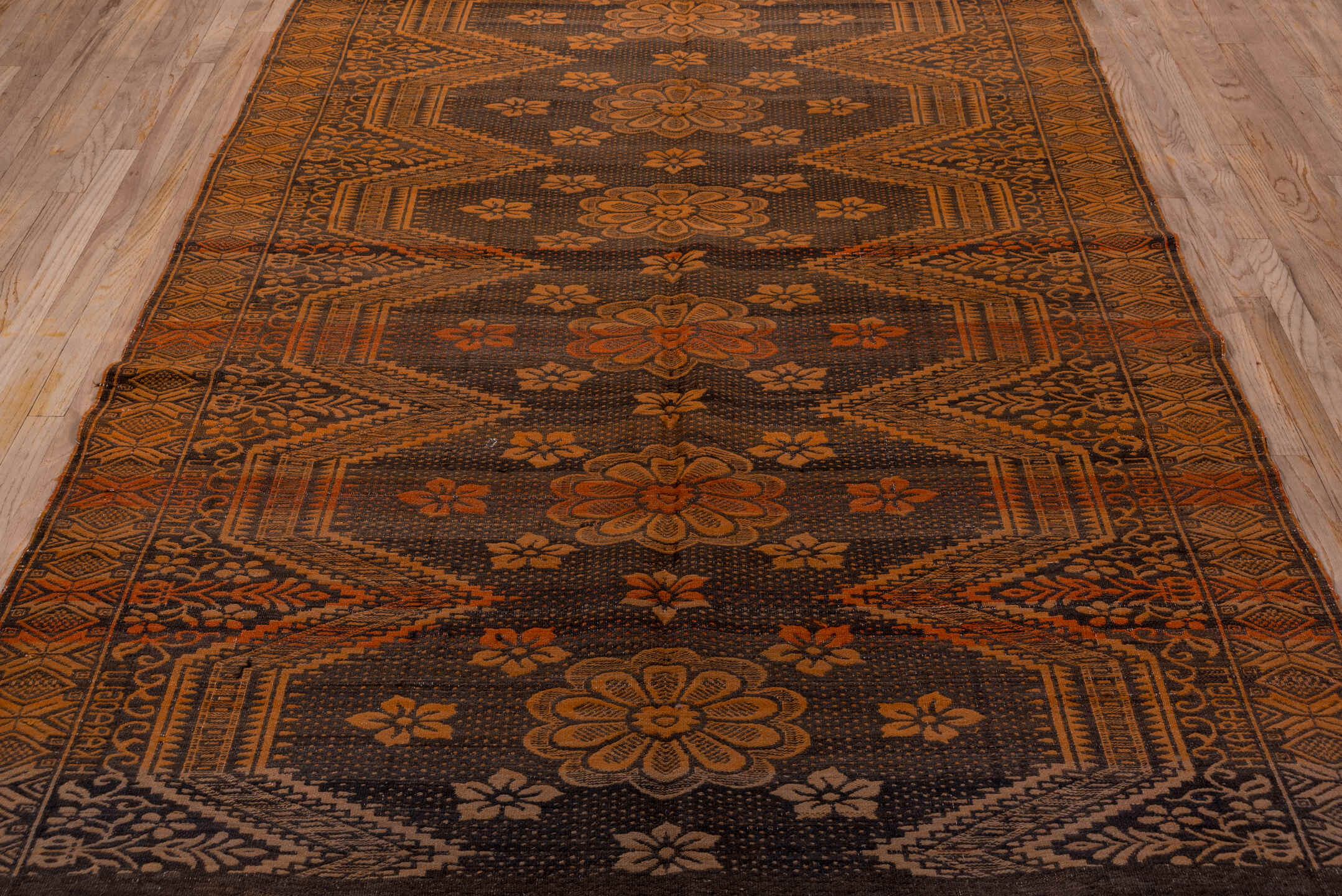 6' x 9' one-of-a-kind handmade antique Kilim medium size rug. Color palette: brown, terra cotta, rust, camel, charcoal