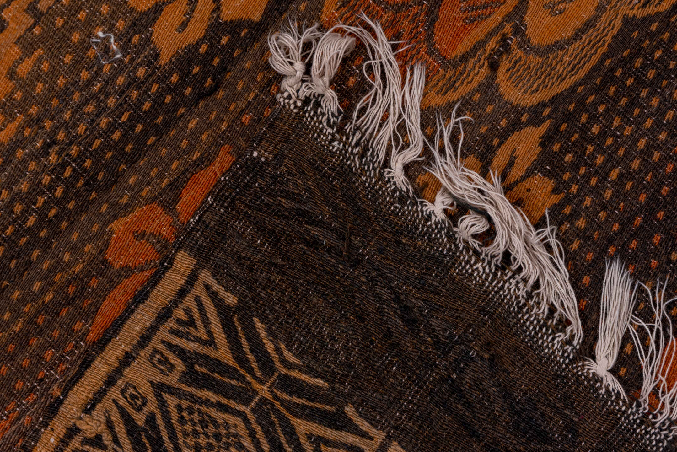 6' x 9' one-of-a-kind handmade antique Kilim medium size rug. Color palette: brown, terra cotta, rust, camel, charcoal