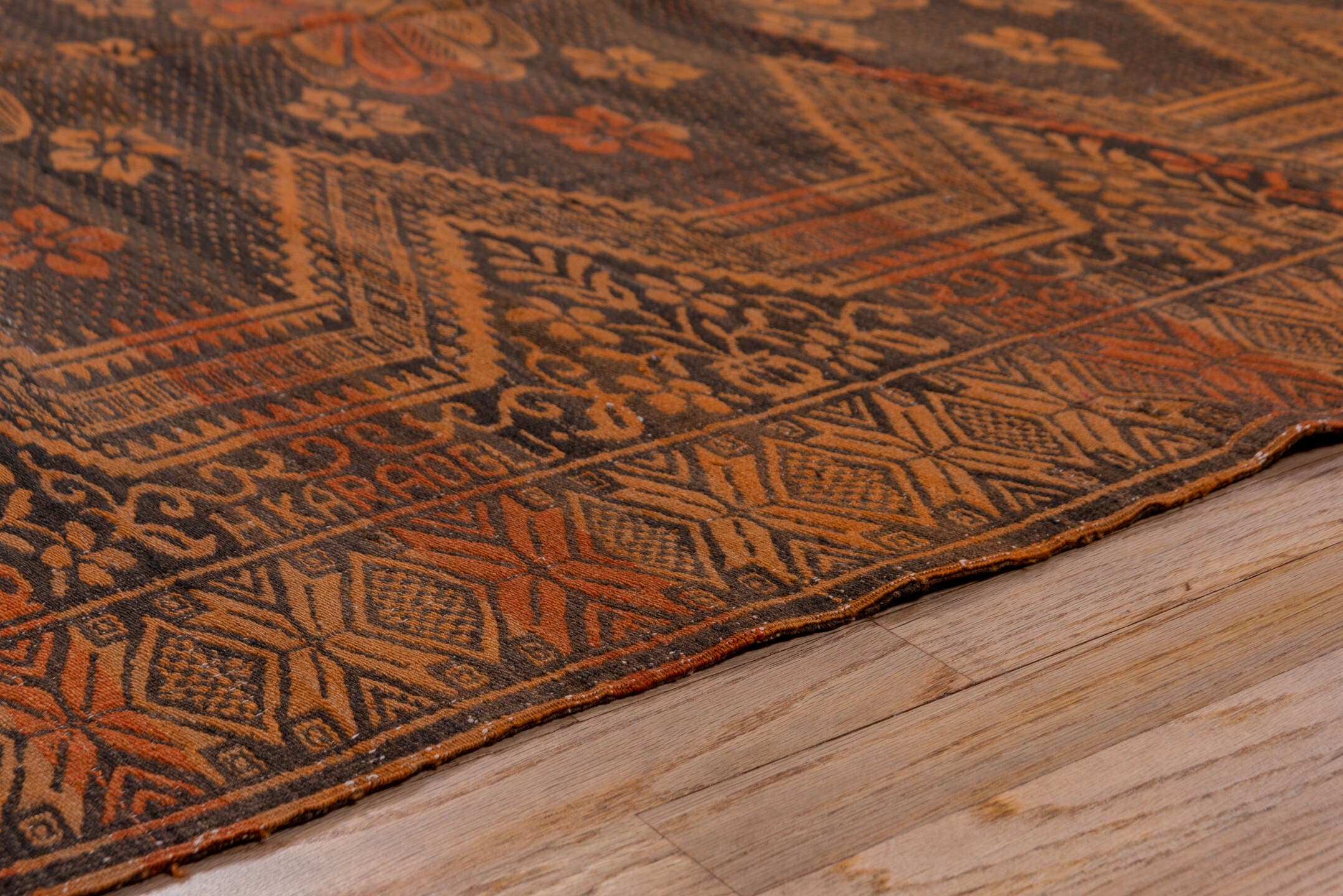 6' x 9' one-of-a-kind handmade antique Kilim medium size rug. Color palette: brown, terra cotta, rust, camel, charcoal