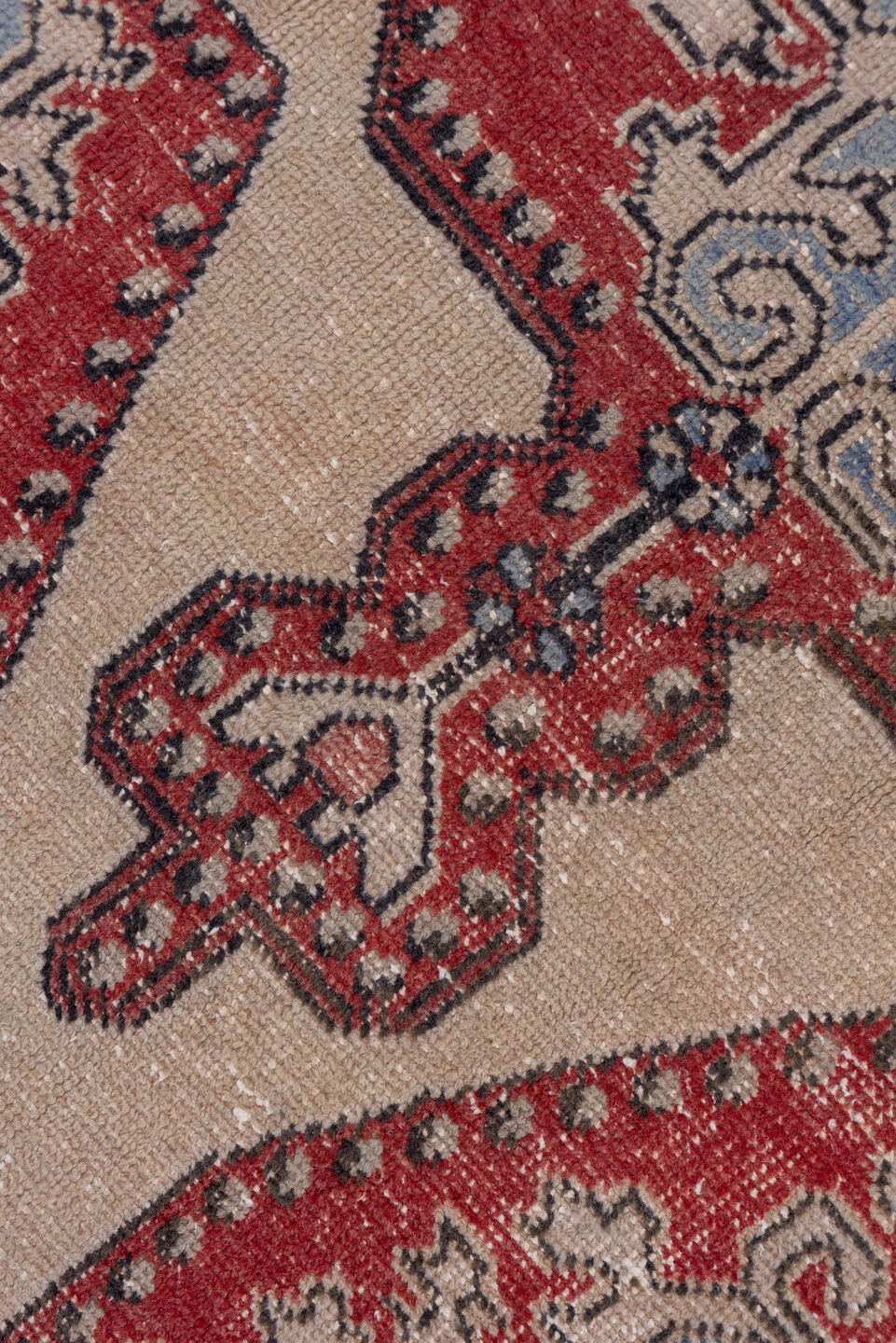 4' x 7' one-of-a-kind handmade vintage Oushak rug. Color palette: black, blue, brown, gray, light gray, off-white, pink, red