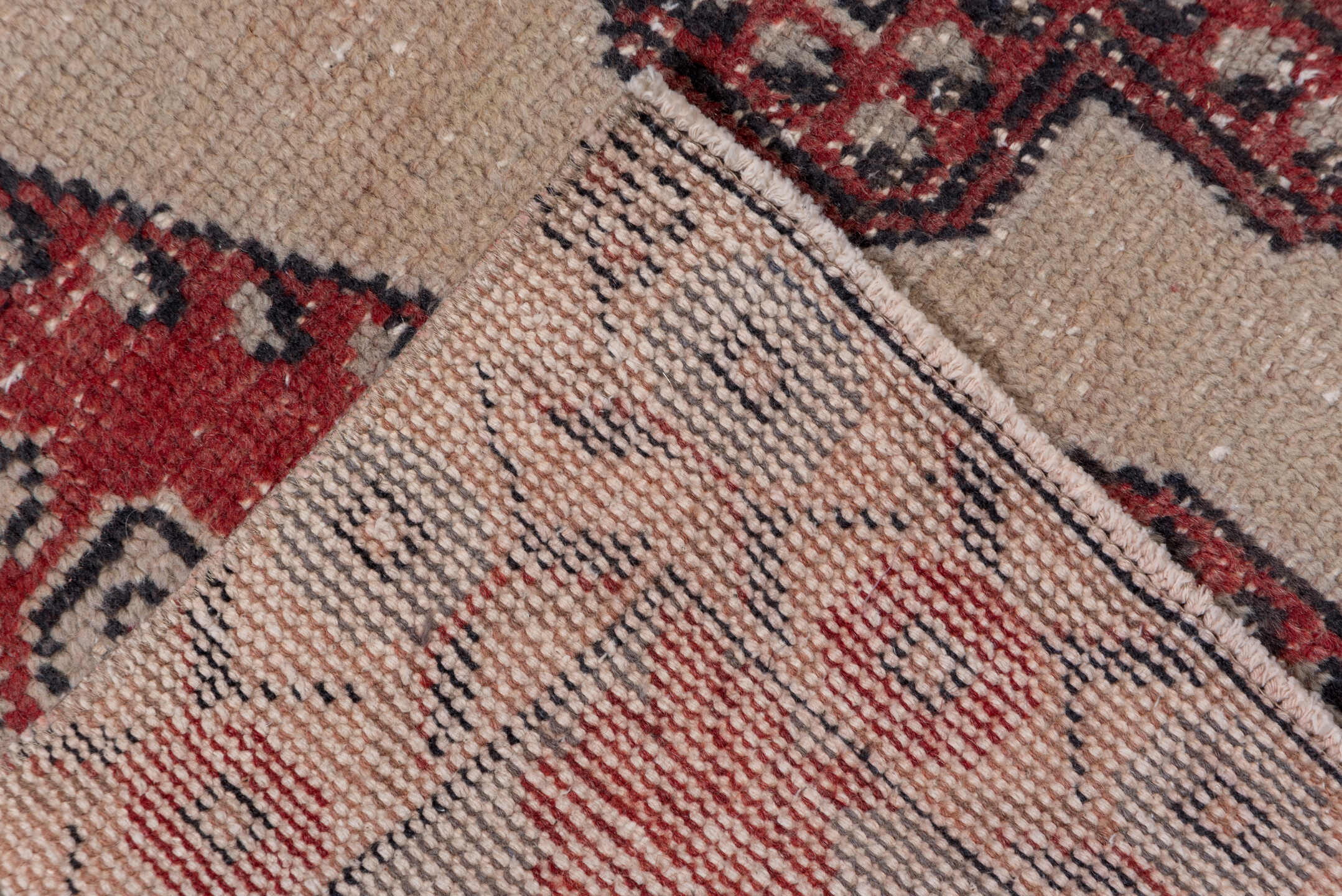 4' x 7' one-of-a-kind handmade vintage Oushak rug. Color palette: black, blue, brown, gray, light gray, off-white, pink, red