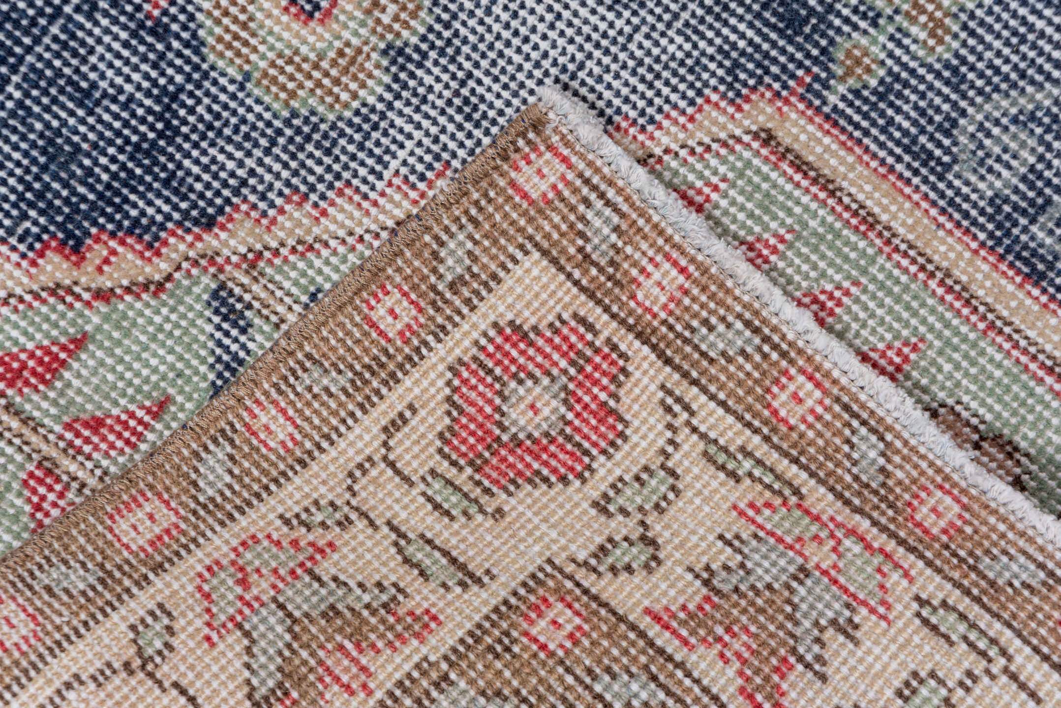 3' x 6' one-of-a-kind handmade vintage Oushak small size rug. Color palette: ivory, slate, sage, coral, rose, taupe, gray