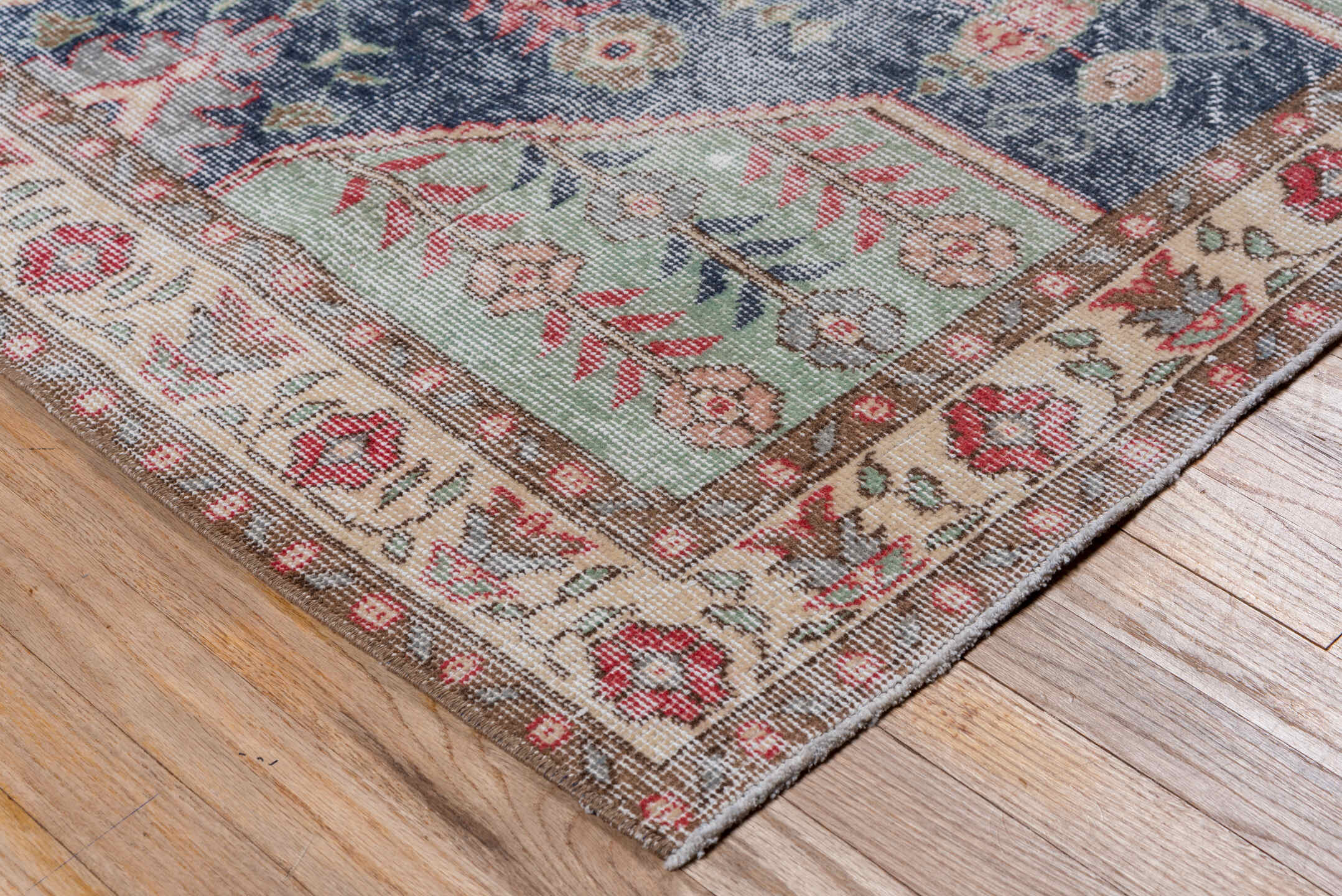 3' x 6' one-of-a-kind handmade vintage Oushak small size rug. Color palette: ivory, slate, sage, coral, rose, taupe, gray