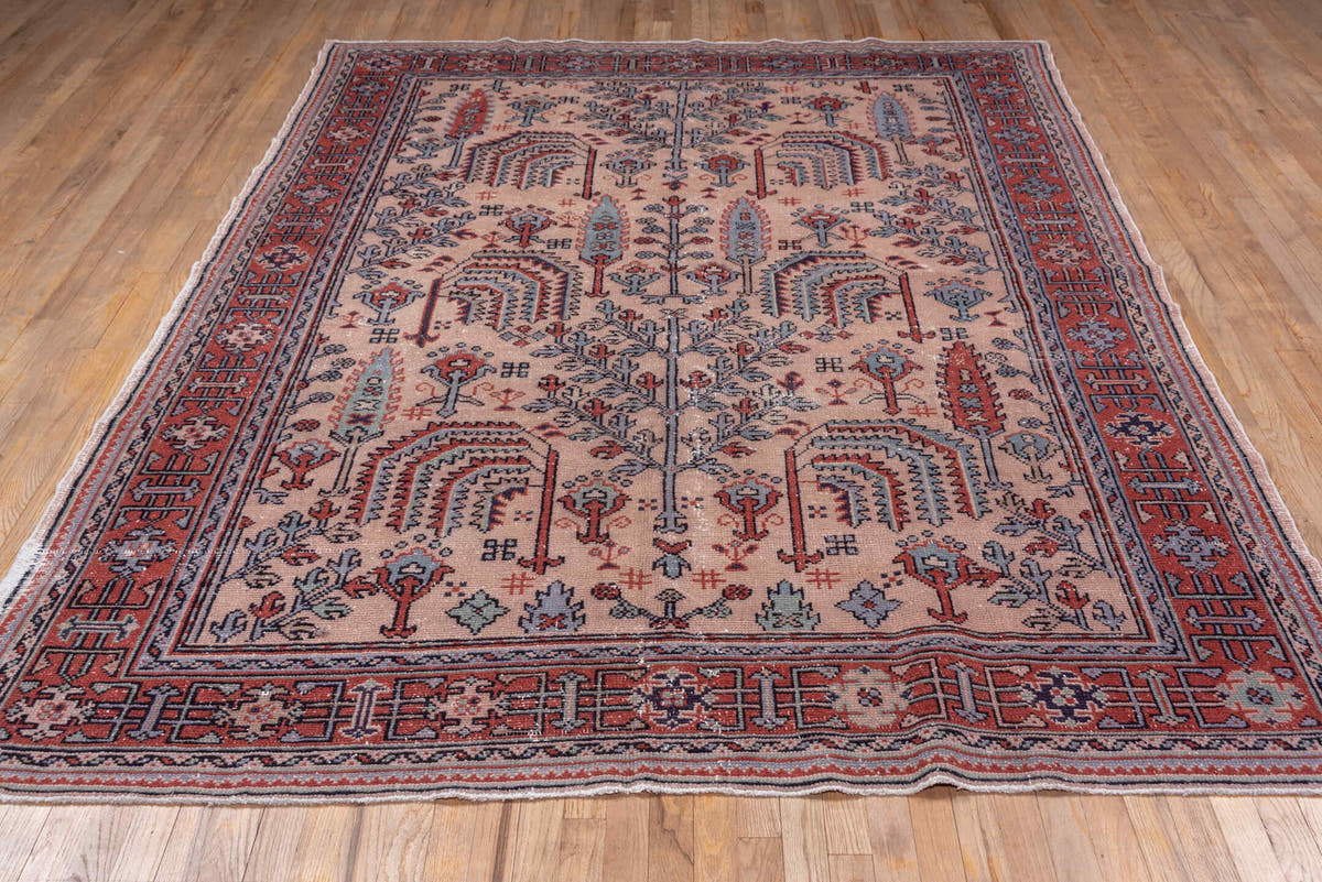 7' x 9' one-of-a-kind handmade antique Oushak rug. Color palette: ivory, rust, slate, charcoal, rose, crimson, terracotta