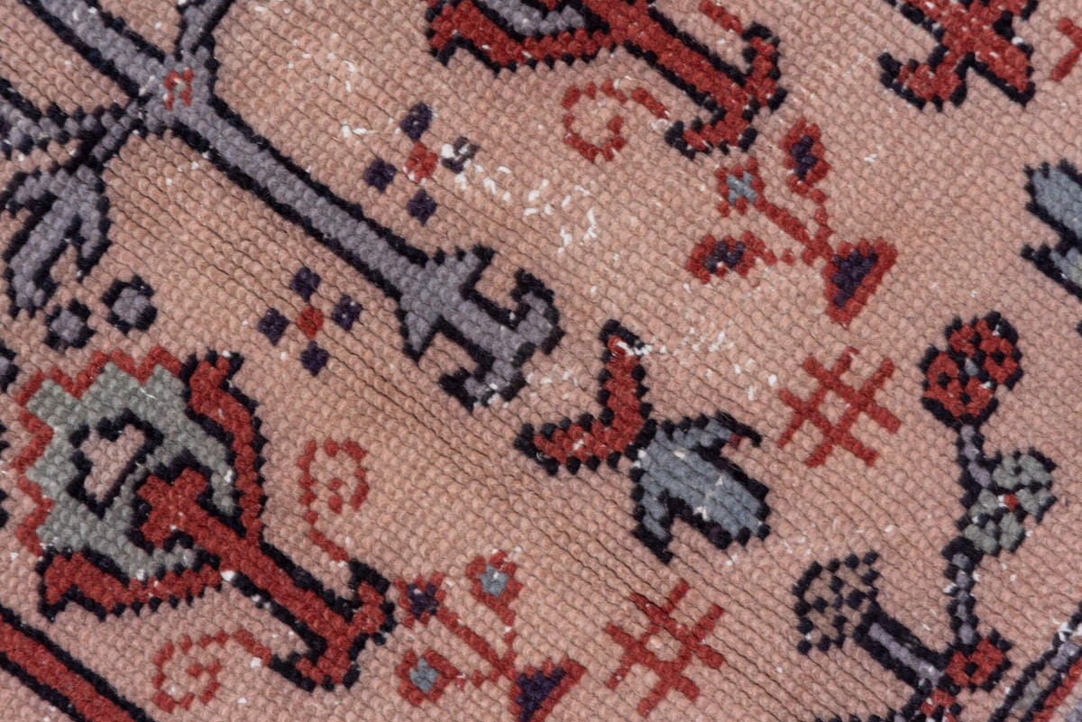 7' x 9' one-of-a-kind handmade antique Oushak rug. Color palette: ivory, rust, slate, charcoal, rose, crimson, terracotta