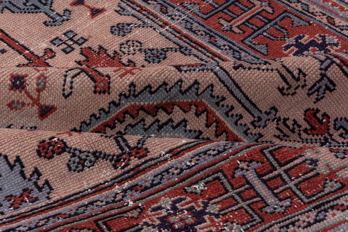 7' x 9' one-of-a-kind handmade antique Oushak rug. Color palette: ivory, rust, slate, charcoal, rose, crimson, terracotta