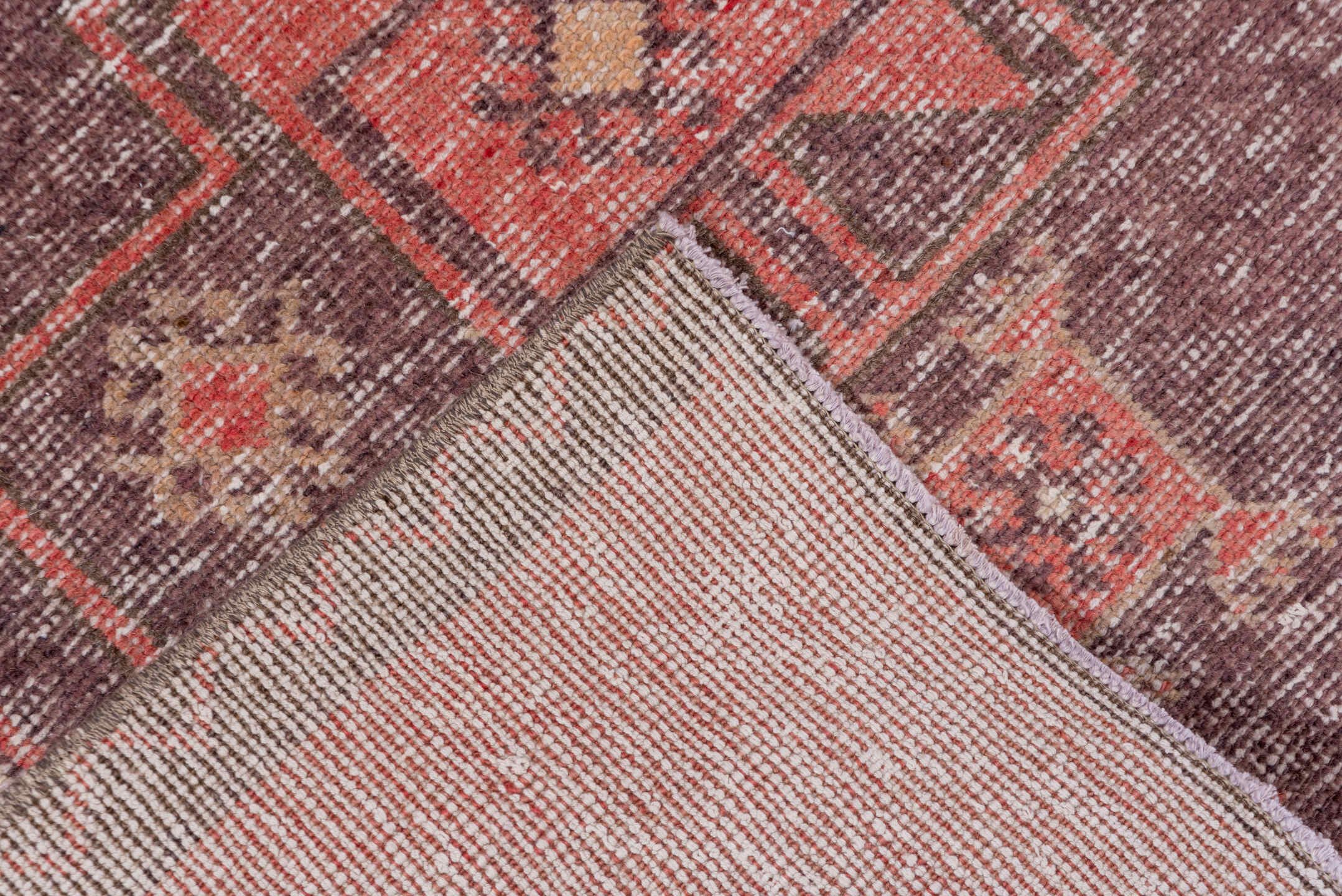 2' x 6' one-of-a-kind handmade vintage Oushak runner rug. Color palette: terra cotta, plum, ivory, charcoal, rose, taupe
