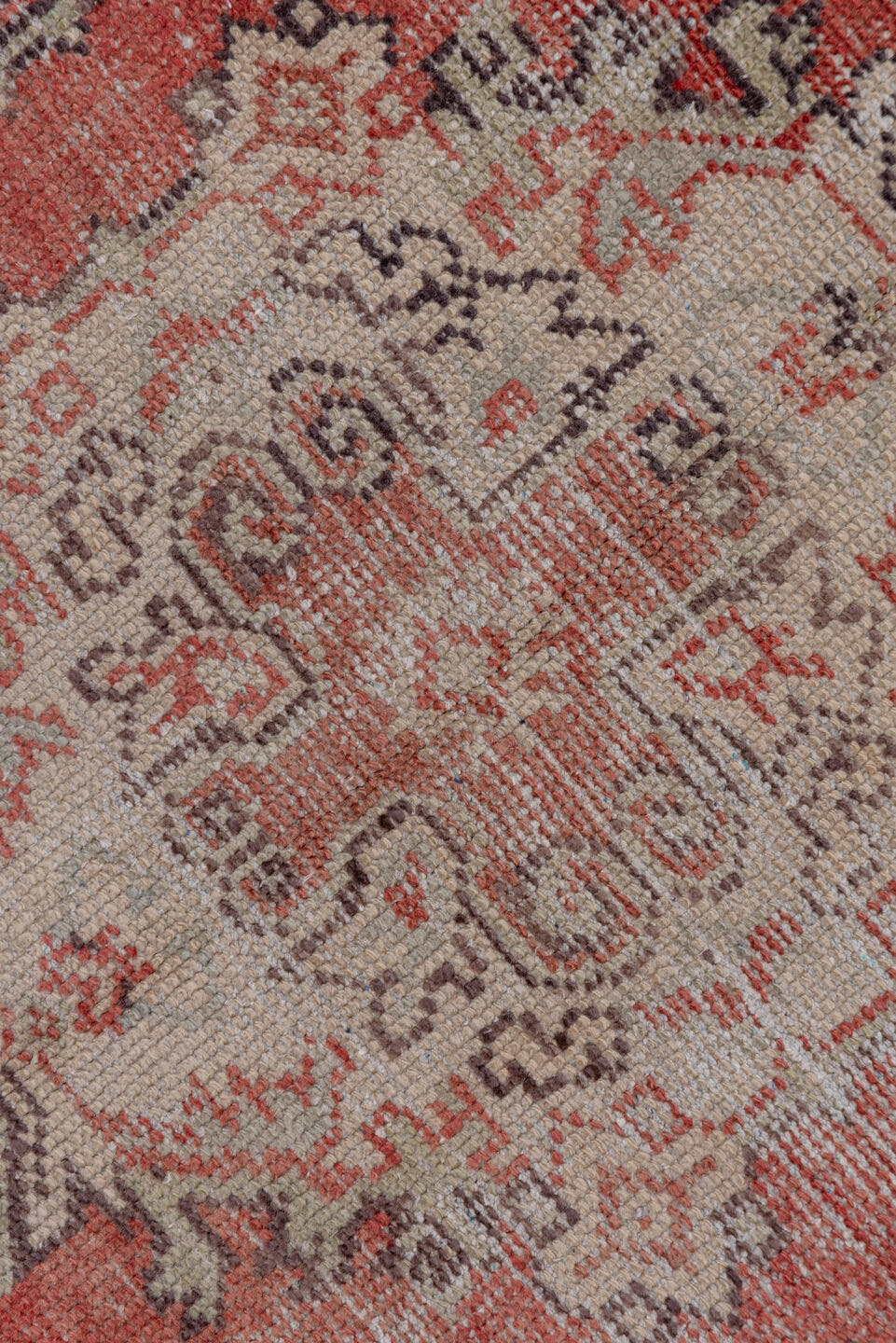 2' x 10' one-of-a-kind handmade antique Oushak runner rug. Color palette: coral, ivory, rose, burgundy, taupe, sage