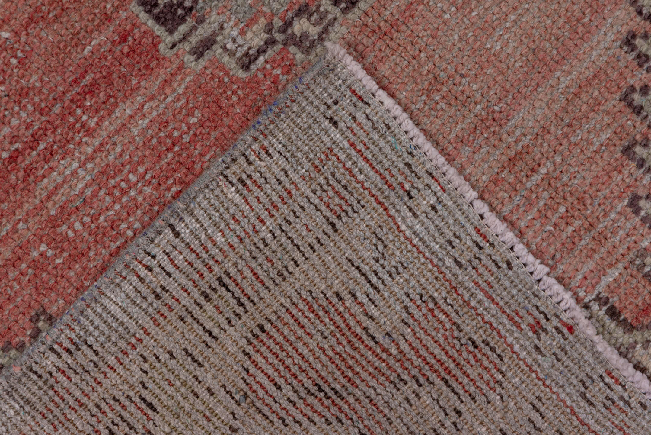 2' x 10' one-of-a-kind handmade antique Oushak runner rug. Color palette: coral, ivory, rose, burgundy, taupe, sage