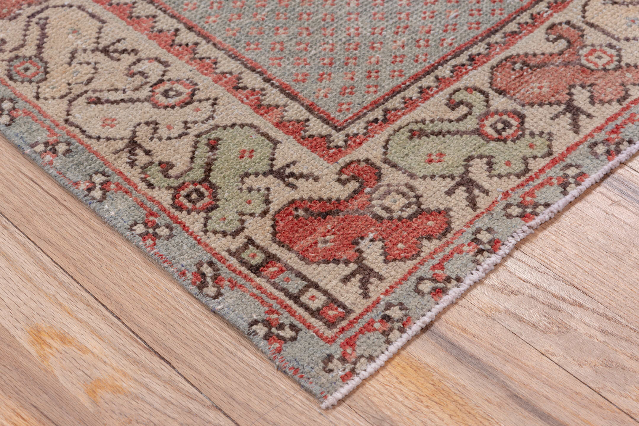 2' x 10' one-of-a-kind handmade antique Oushak runner rug. Color palette: coral, ivory, rose, burgundy, taupe, sage