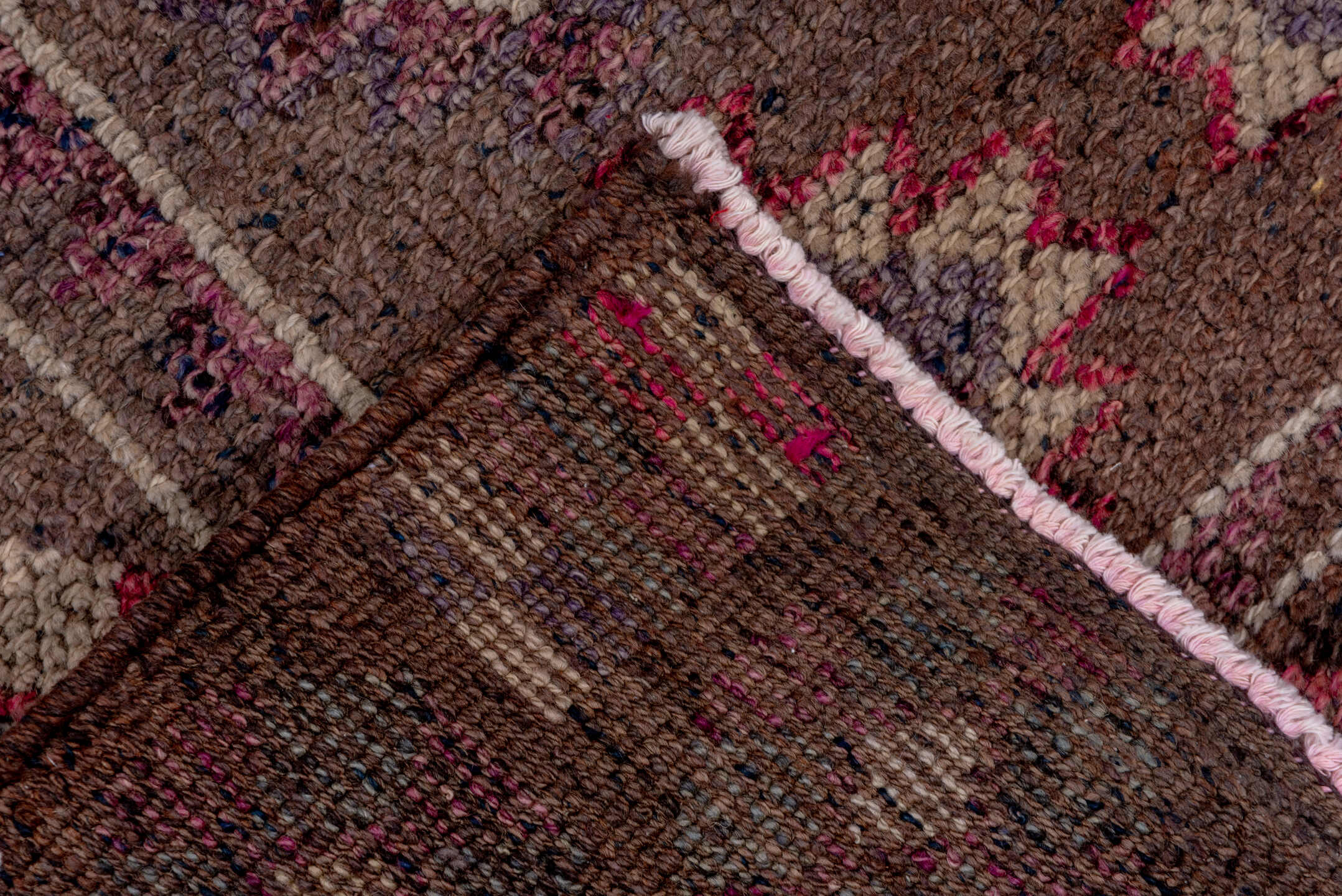3' x 12' one-of-a-kind handmade vintage Kars runner rug. Color palette: brown, gray, light gray, pink, red