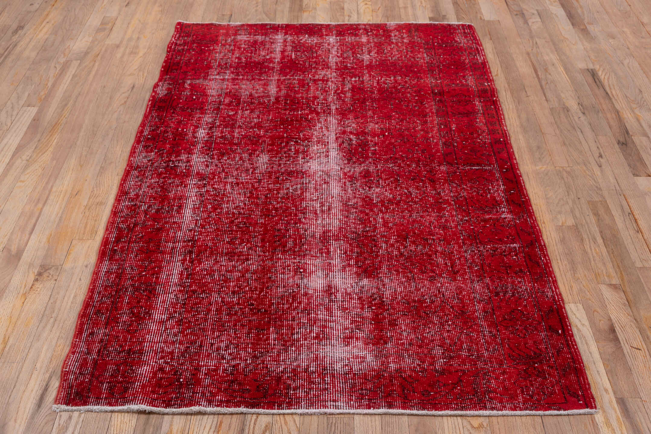 4' x 6' one-of-a-kind handmade vintage Overdyed small size rug. Color palette: brown, burgundy, pink, red, wine