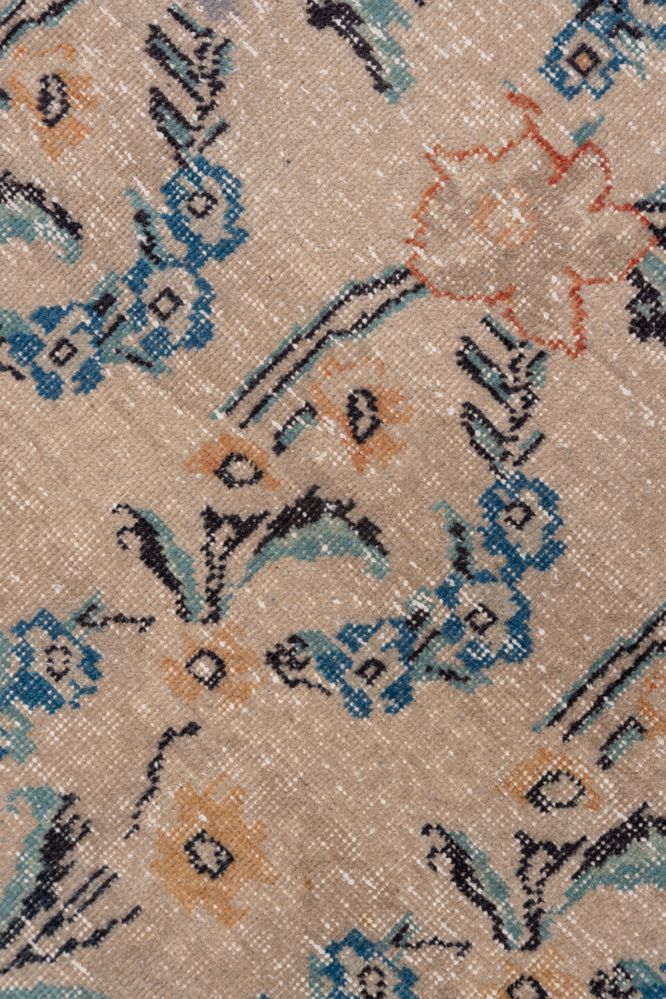 4' x 6' one-of-a-kind handmade vintage Oushak small size rug. Color palette: beige, terra cotta, sky blue, teal, ivory, gold