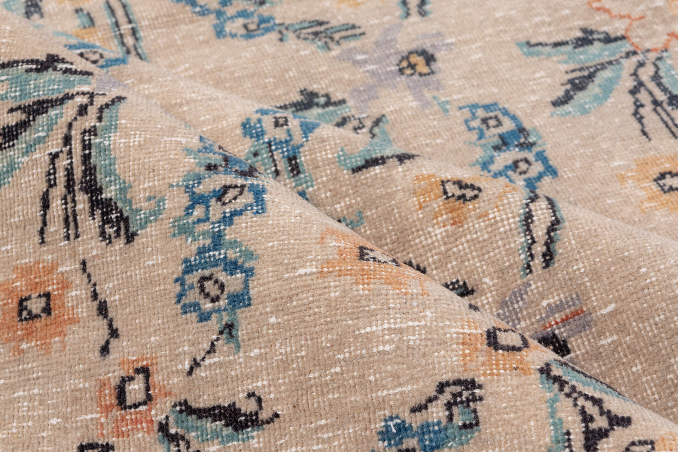 4' x 6' one-of-a-kind handmade vintage Oushak small size rug. Color palette: beige, terra cotta, sky blue, teal, ivory, gold