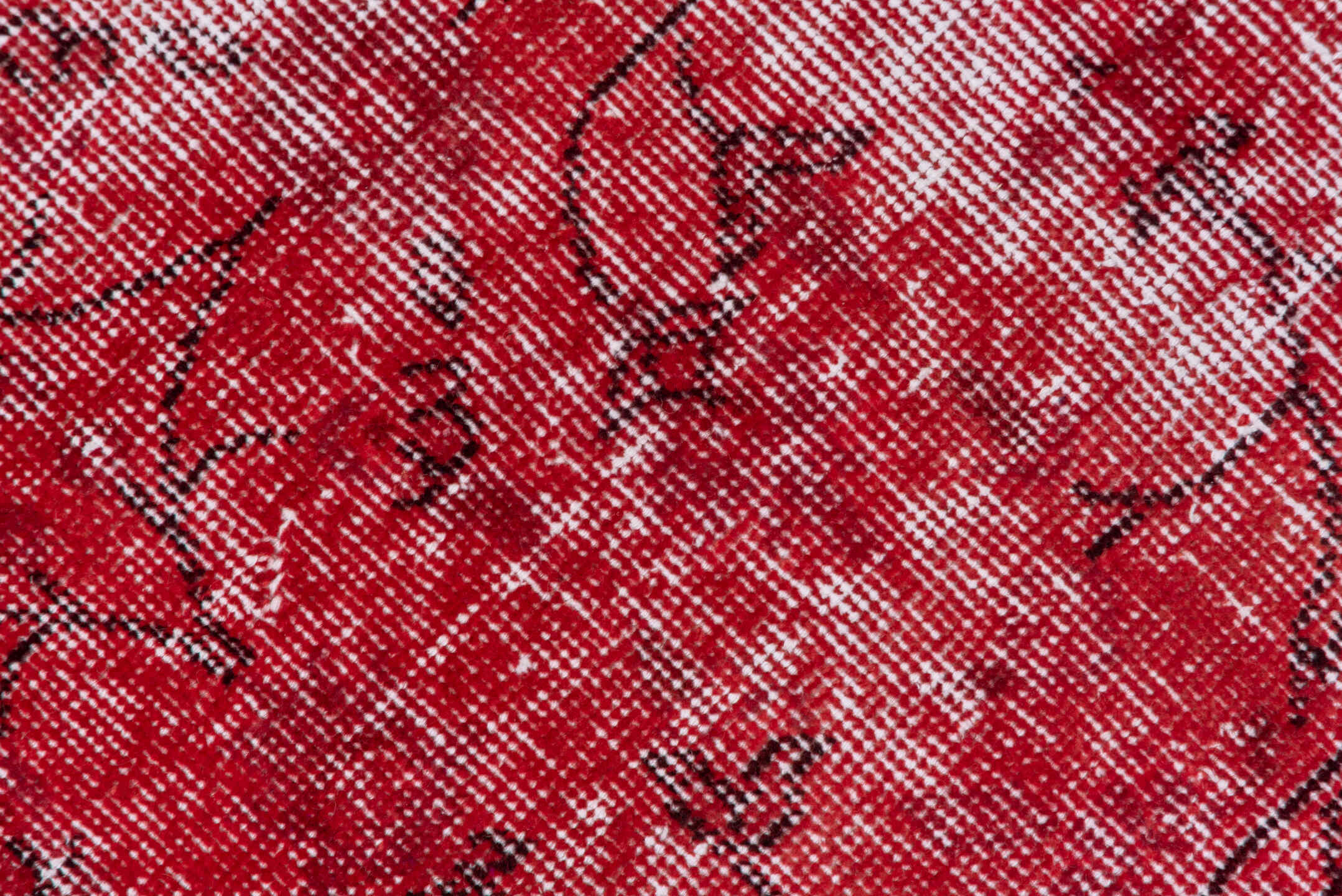 3' x 7' one-of-a-kind handmade vintage Overdyed rug. Color palette: crimson, rose, burgundy, ivory, red, pink