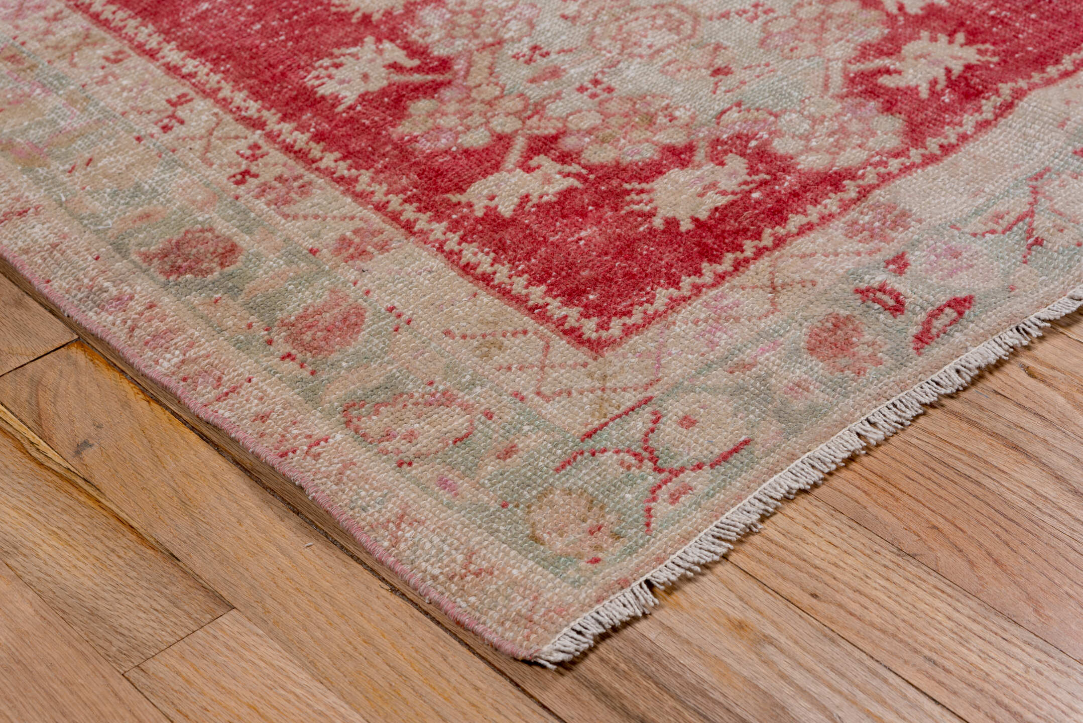 2' x 5' one-of-a-kind handmade vintage Oushak small size rug. Color palette: coral, ivory, pale blue, blush, rose, beige