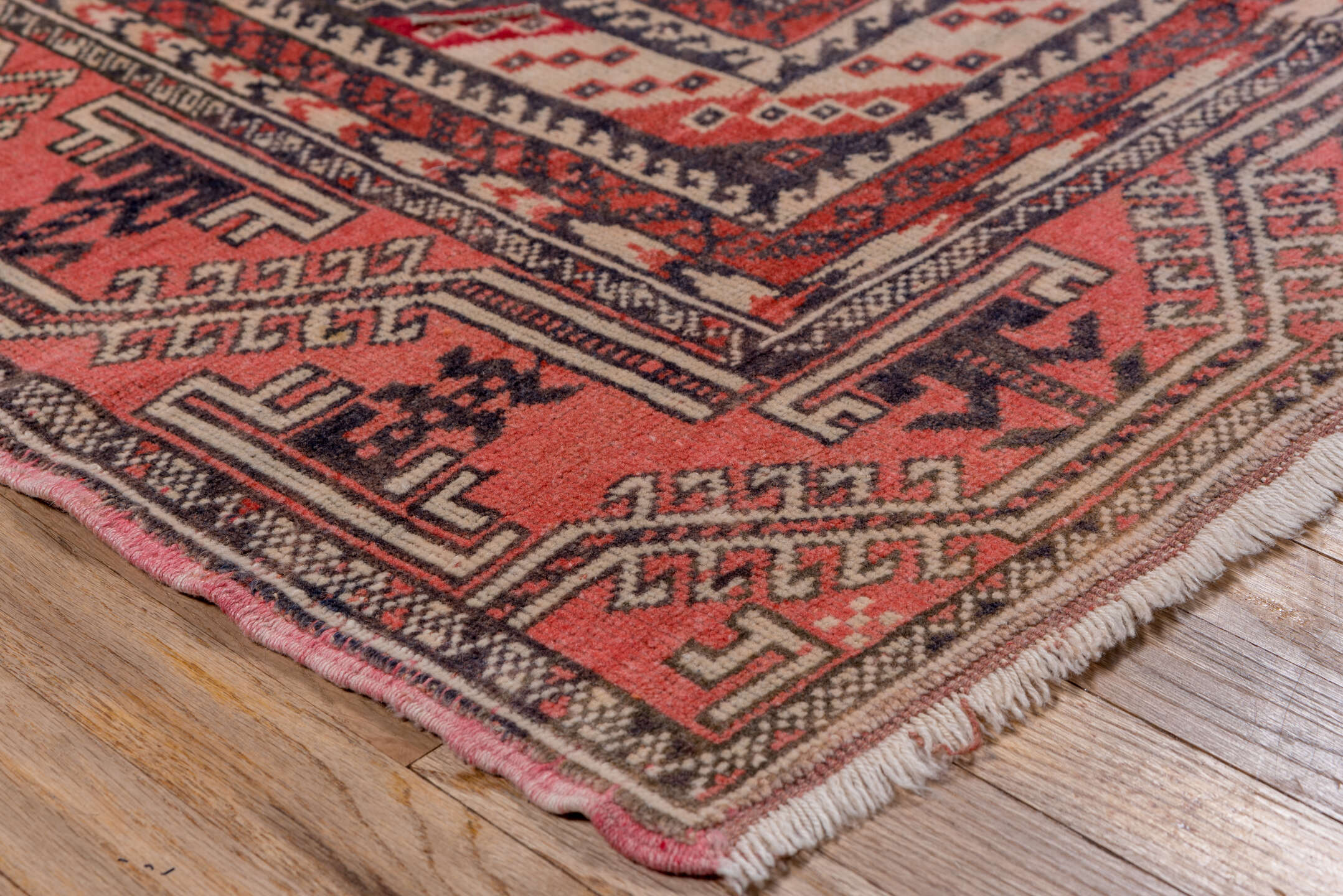 3' x 5' one-of-a-kind handmade vintage Oushak small size rug. Color palette: black, blue, brown, gray, off-white, pink, red