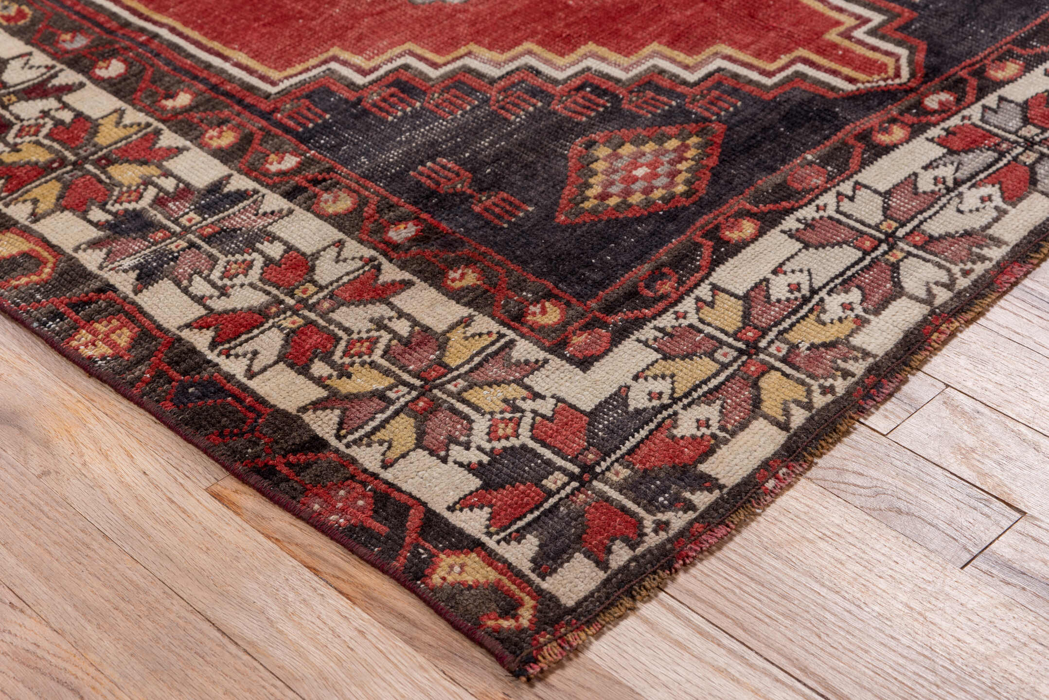 4' x 6' one-of-a-kind handmade vintage Oushak small size rug. Color palette: black, brown, charcoal, gray, pink, red, wine