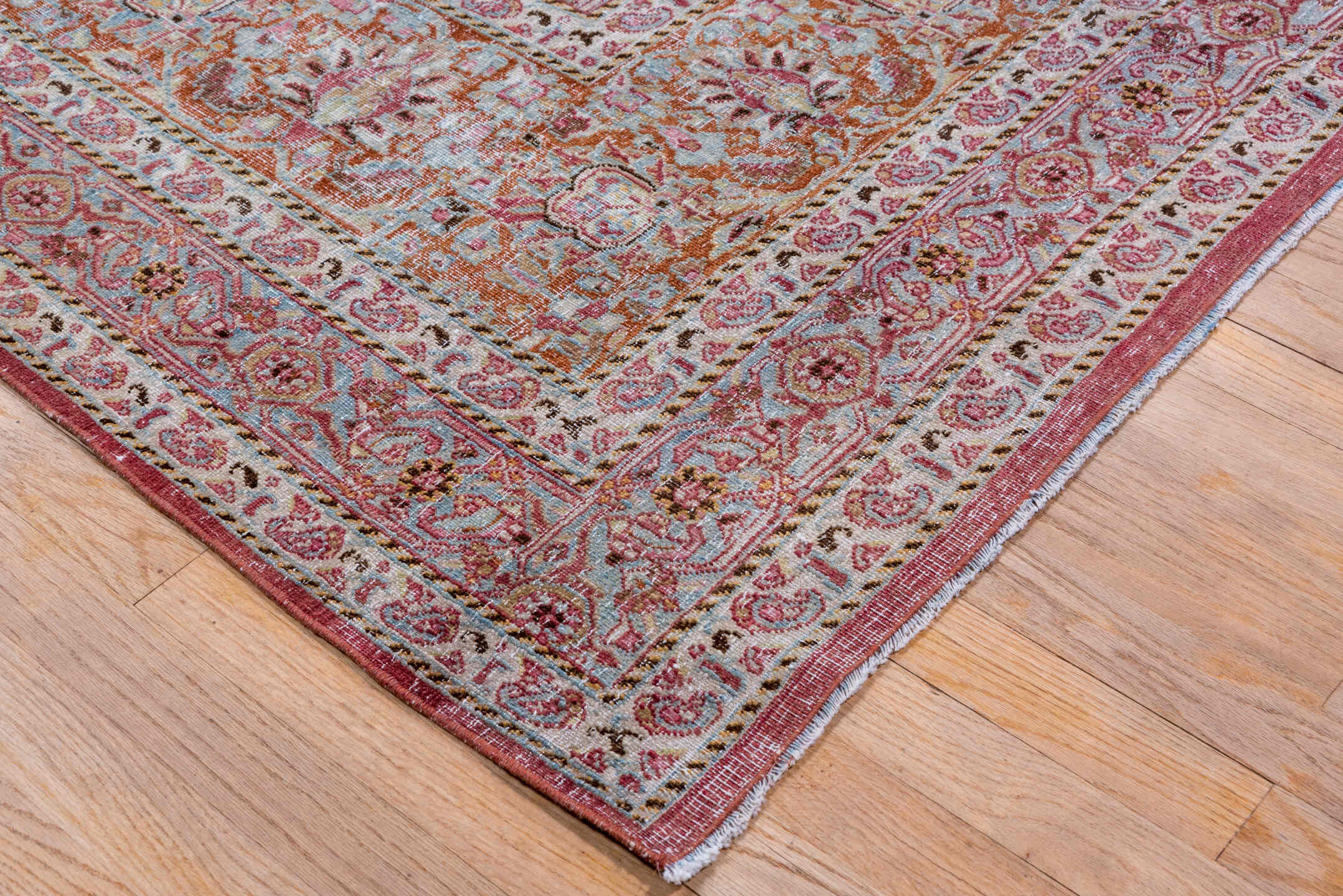 10' x 13' one-of-a-kind handmade vintage Khorassan large size rug. Color palette: blue, brown, gray, light blue, light gray