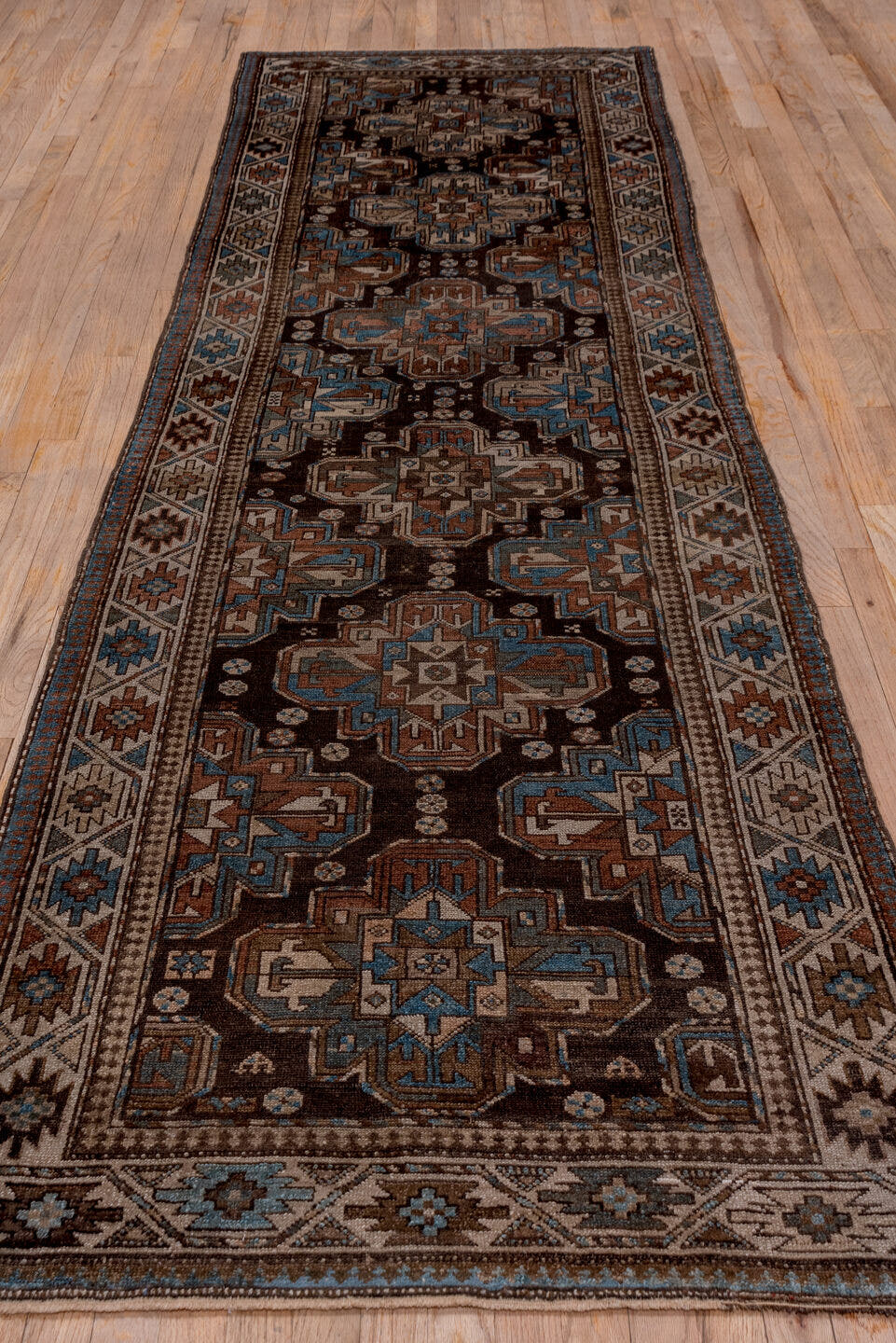 3' x 12' one-of-a-kind handmade antique Malayer runner rug. Color palette: brown, ivory, sky blue, taupe, rust, charcoal