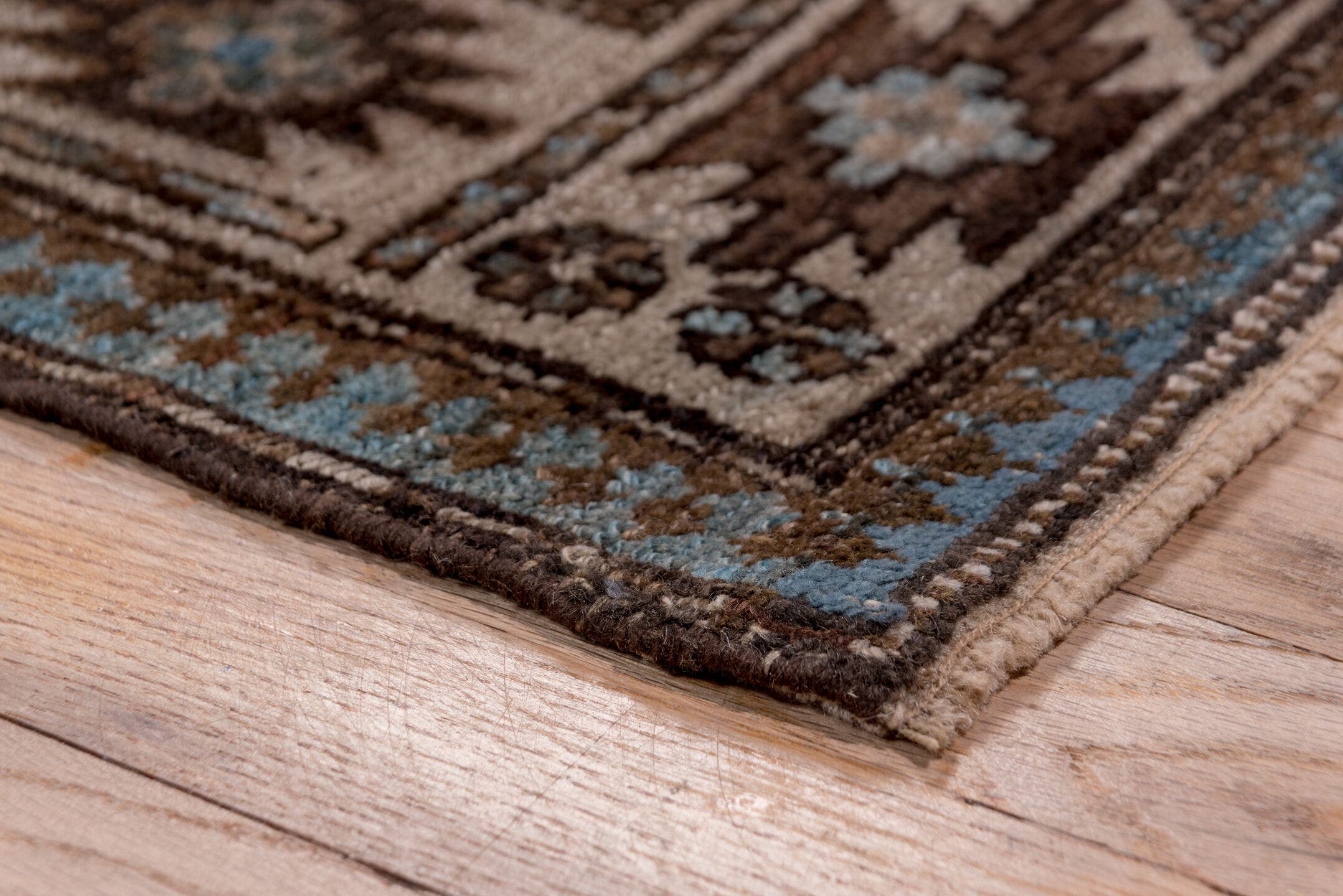 3' x 12' one-of-a-kind handmade antique Malayer runner rug. Color palette: brown, ivory, sky blue, taupe, rust, charcoal