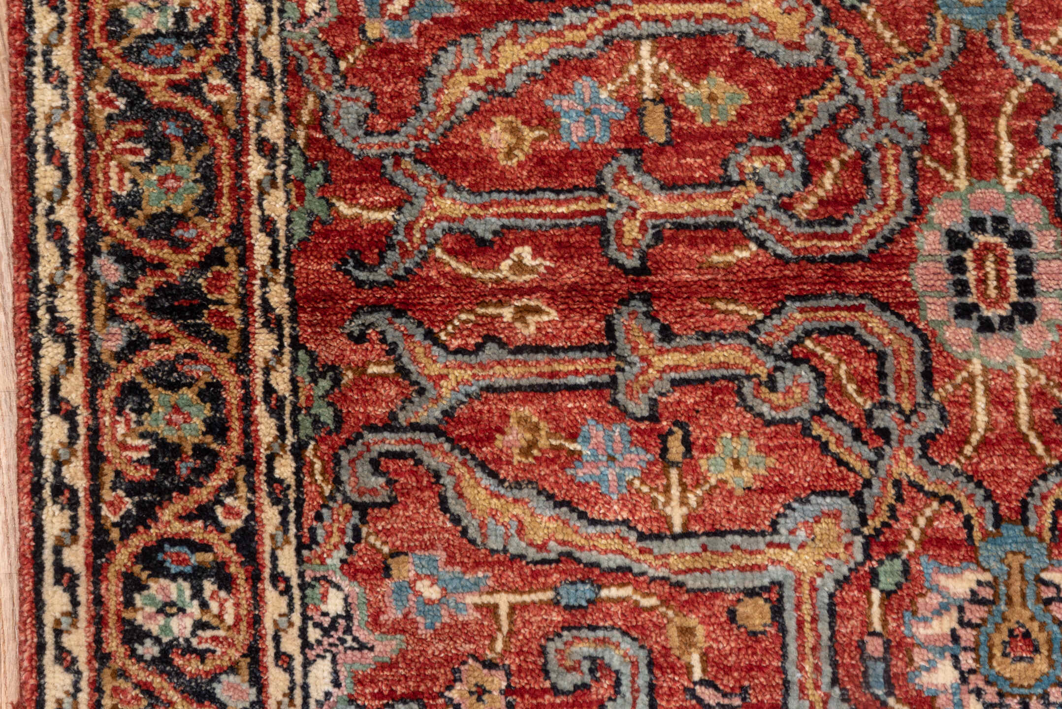 4' x 6' one-of-a-kind handmade vintage Heriz small size rug. Color palette: black, brown, dim gray, gray, pink, red, redwood