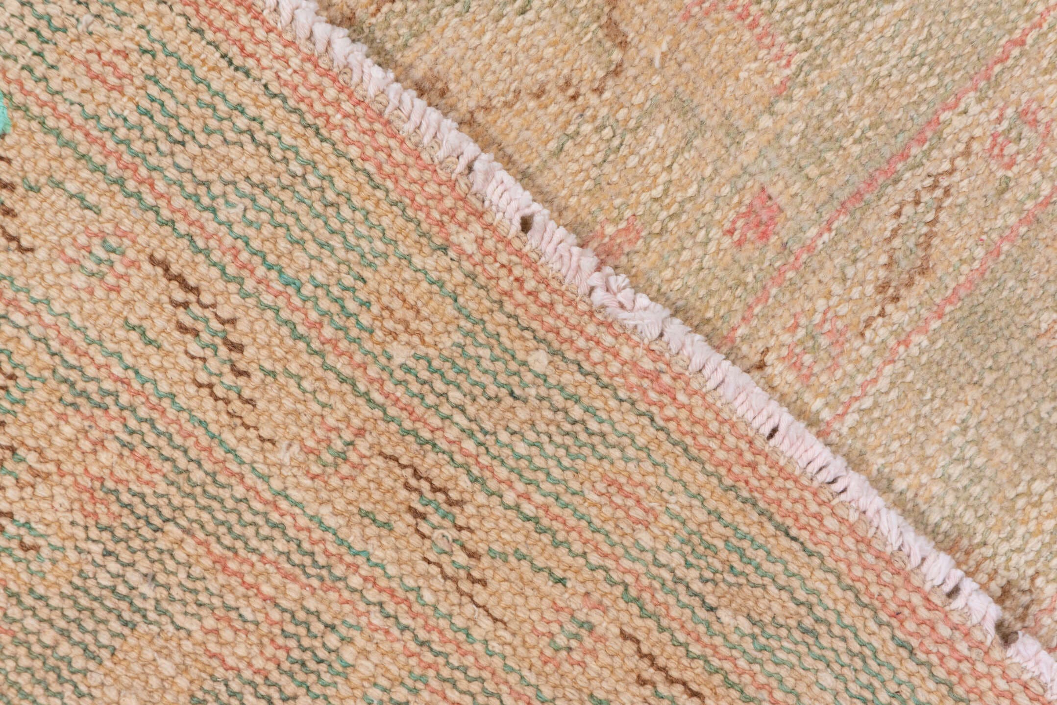 6' x 10' one-of-a-kind handmade vintage Oushak large size rug. Color palette: ivory, blush, cream, pale peach, sage, taupe