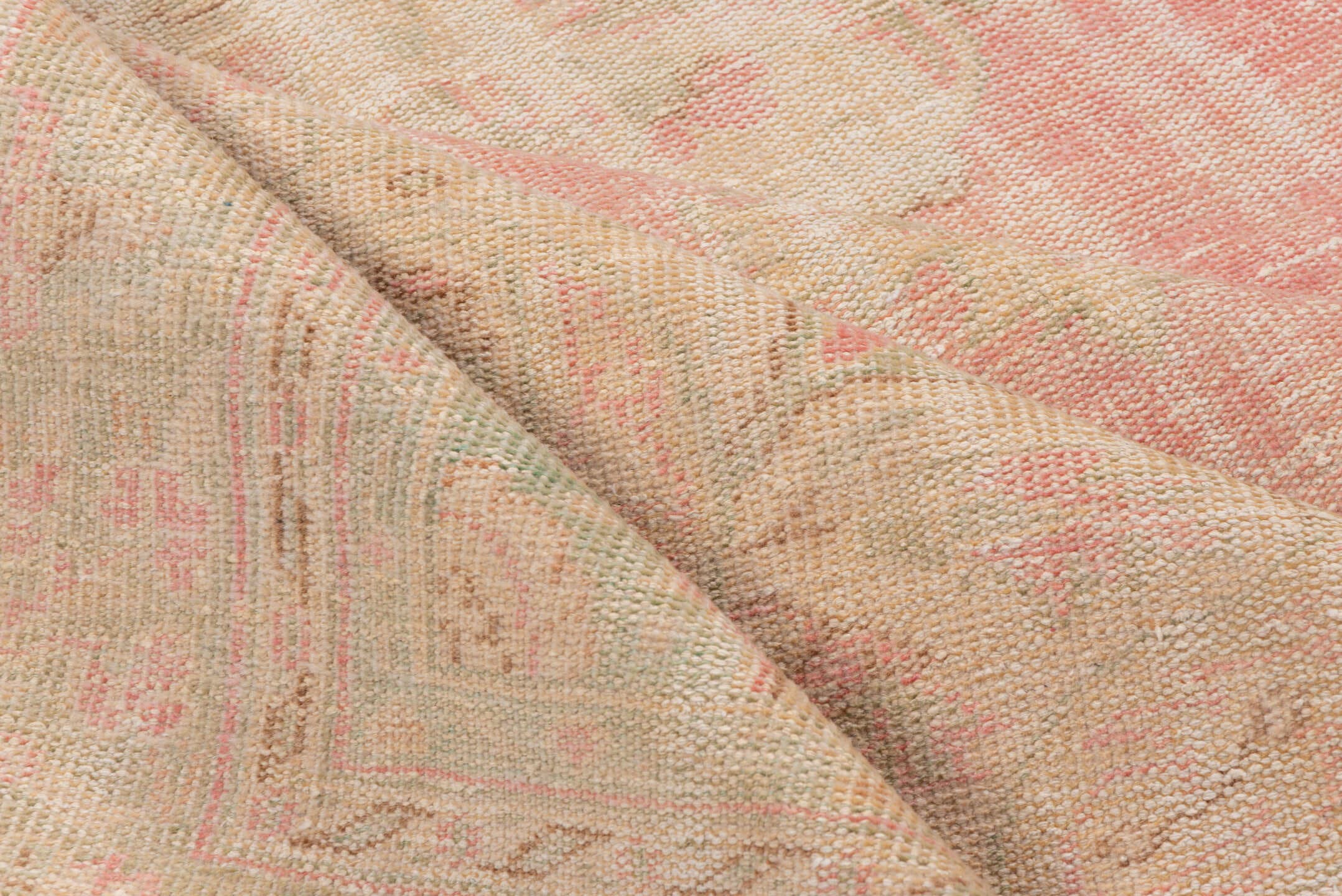 6' x 10' one-of-a-kind handmade vintage Oushak large size rug. Color palette: ivory, blush, cream, pale peach, sage, taupe