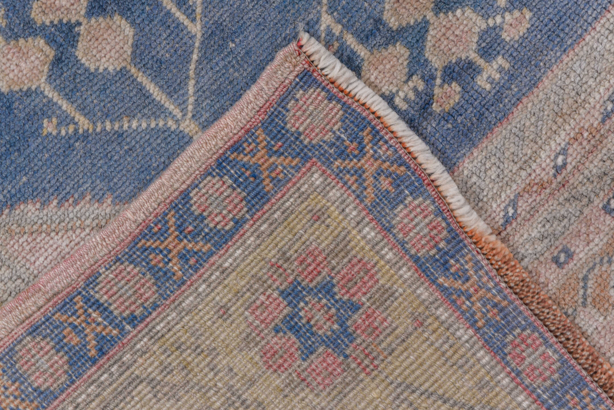 5' x 9' one-of-a-kind handmade vintage Oushak medium size rug. Color palette: ivory, powder_blue, blush, beige, taupe, slate