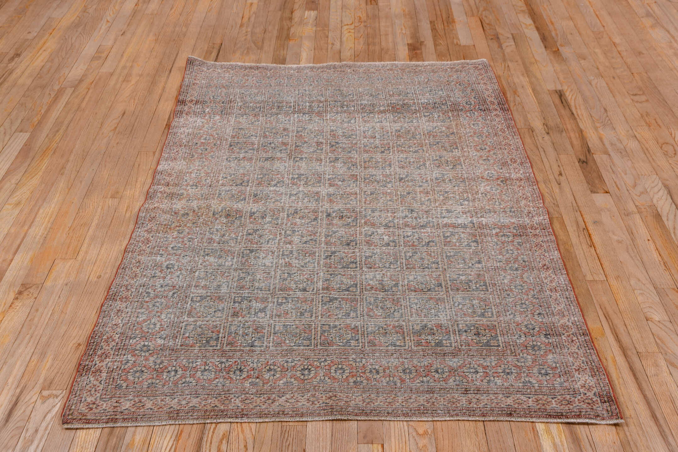4' x 6' one-of-a-kind handmade antique Oushak small size rug. Color palette: rose, taupe, ivory, dusty blue, terra cotta